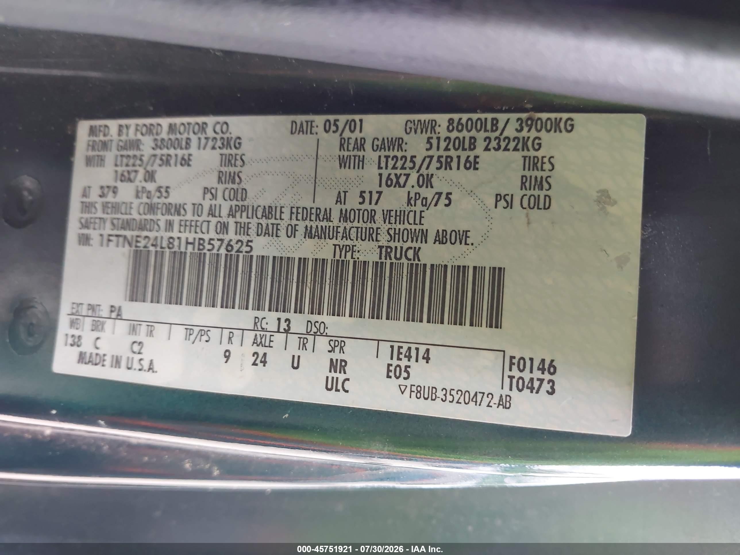 2001 Ford E-250 Commercial/recreational Green vin: 1FTNE24L81HB57625