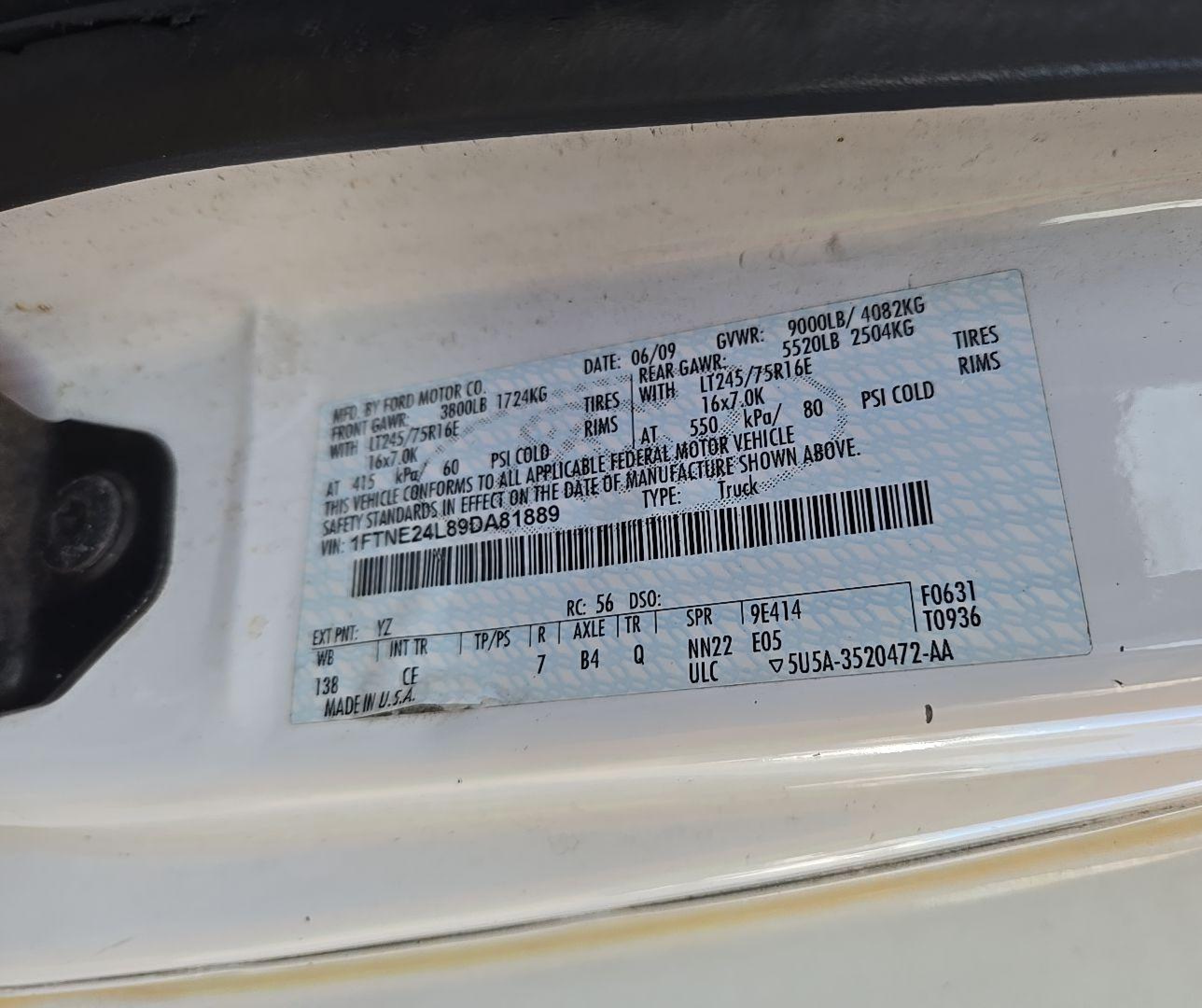 2009 Ford E-250 Commercial/recreational vin: 1FTNE24L89DA81889