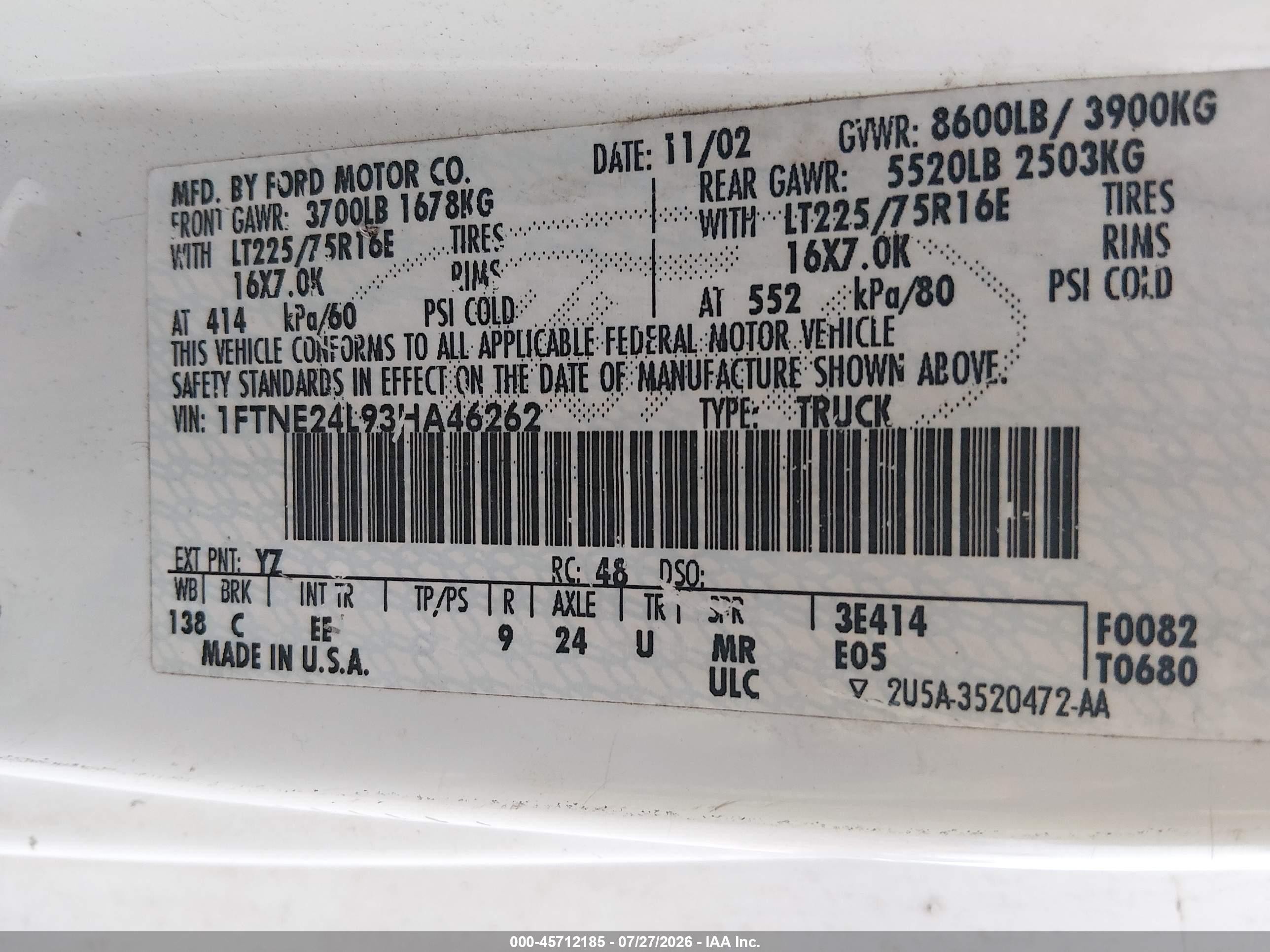 2003 Ford E-250 Commercial/recreational White vin: 1FTNE24L93HA46262