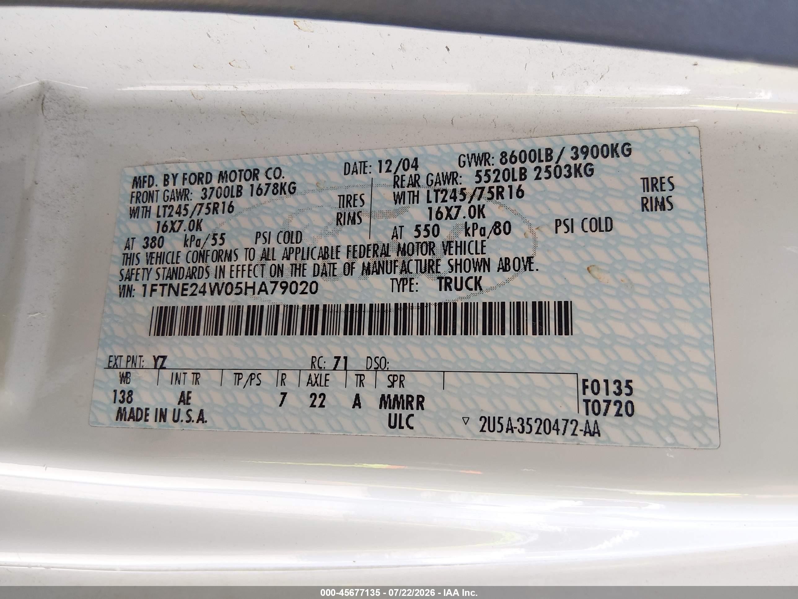 2005 Ford E-250 Commercial/recreational White vin: 1FTNE24W05HA79020