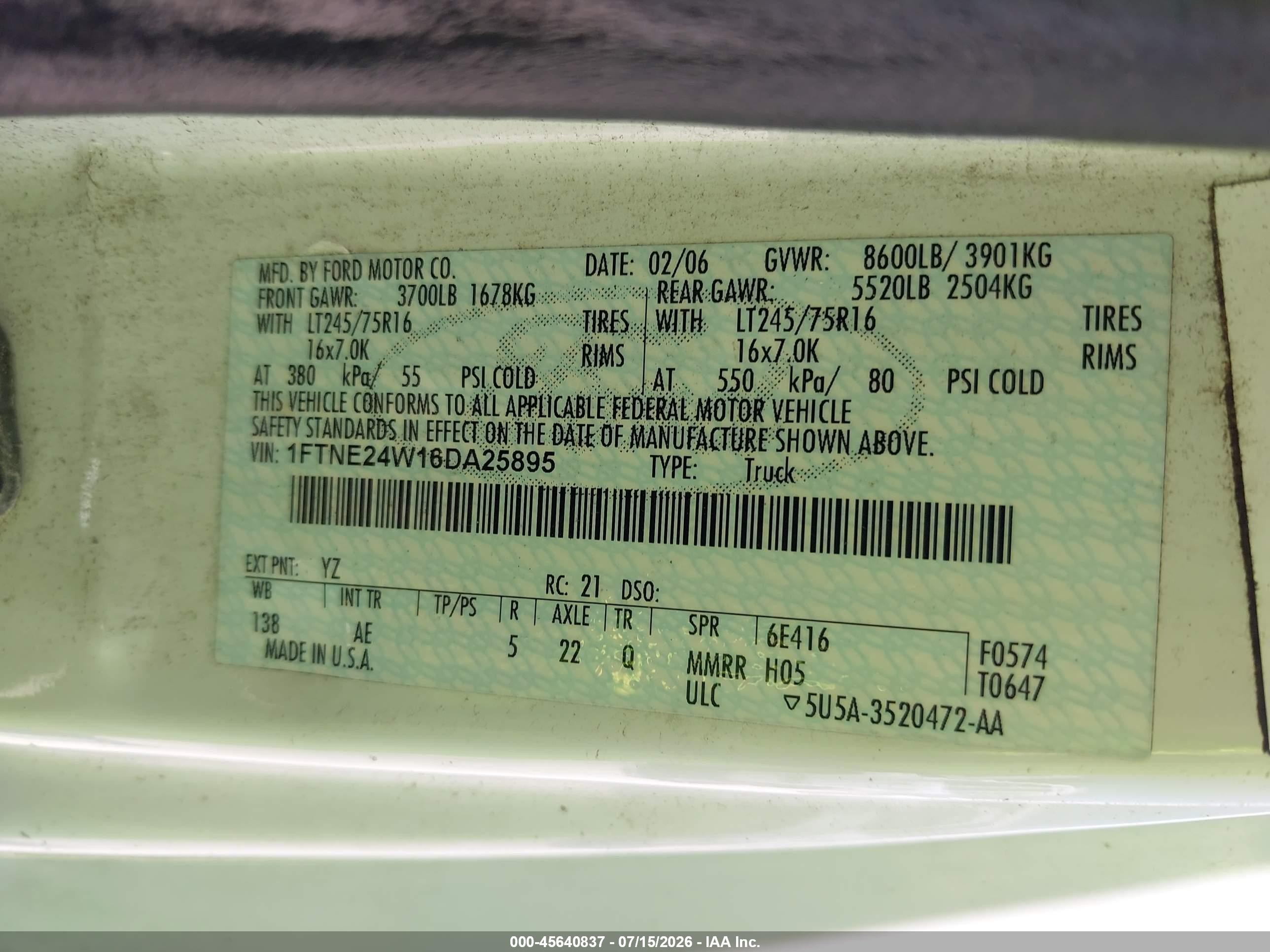 2006 Ford E-250 Commercial/recreational White vin: 1FTNE24W16DA25895