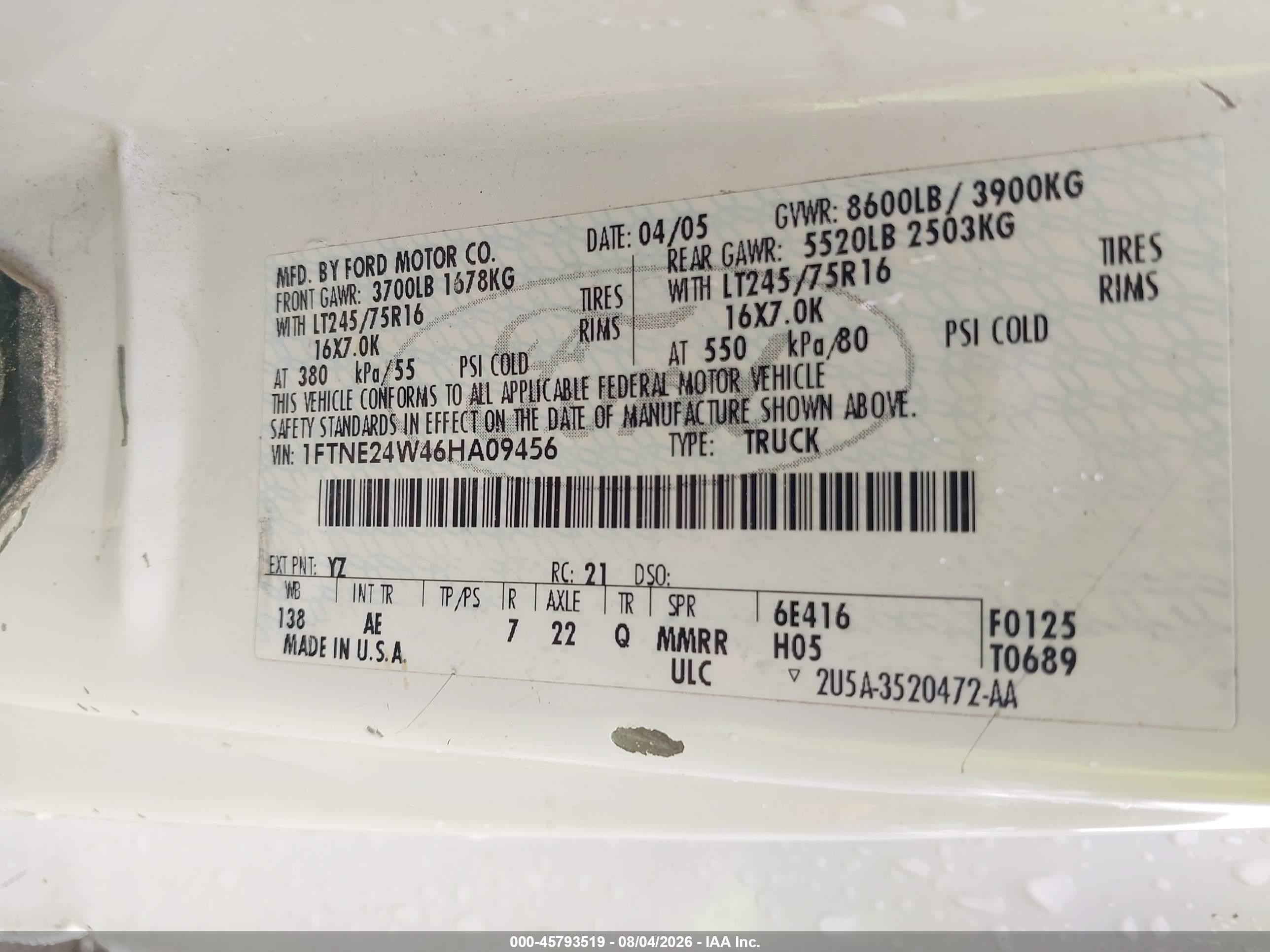 2006 Ford E-250 Commercial/recreational Белый vin: 1FTNE24W46HA09456