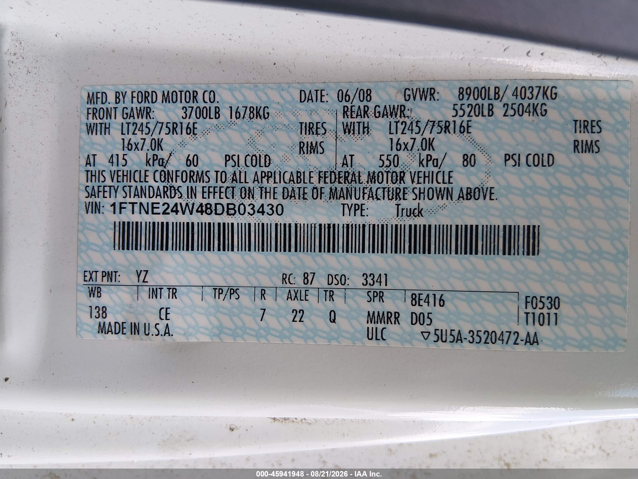 2008 Ford E-250 Commercial/recreational White vin: 1FTNE24W48DB03430