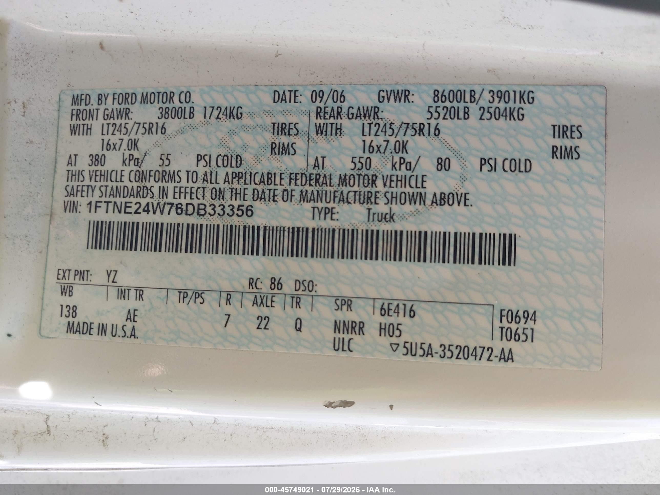2006 Ford E-250 Commercial/recreational White vin: 1FTNE24W76DB33356