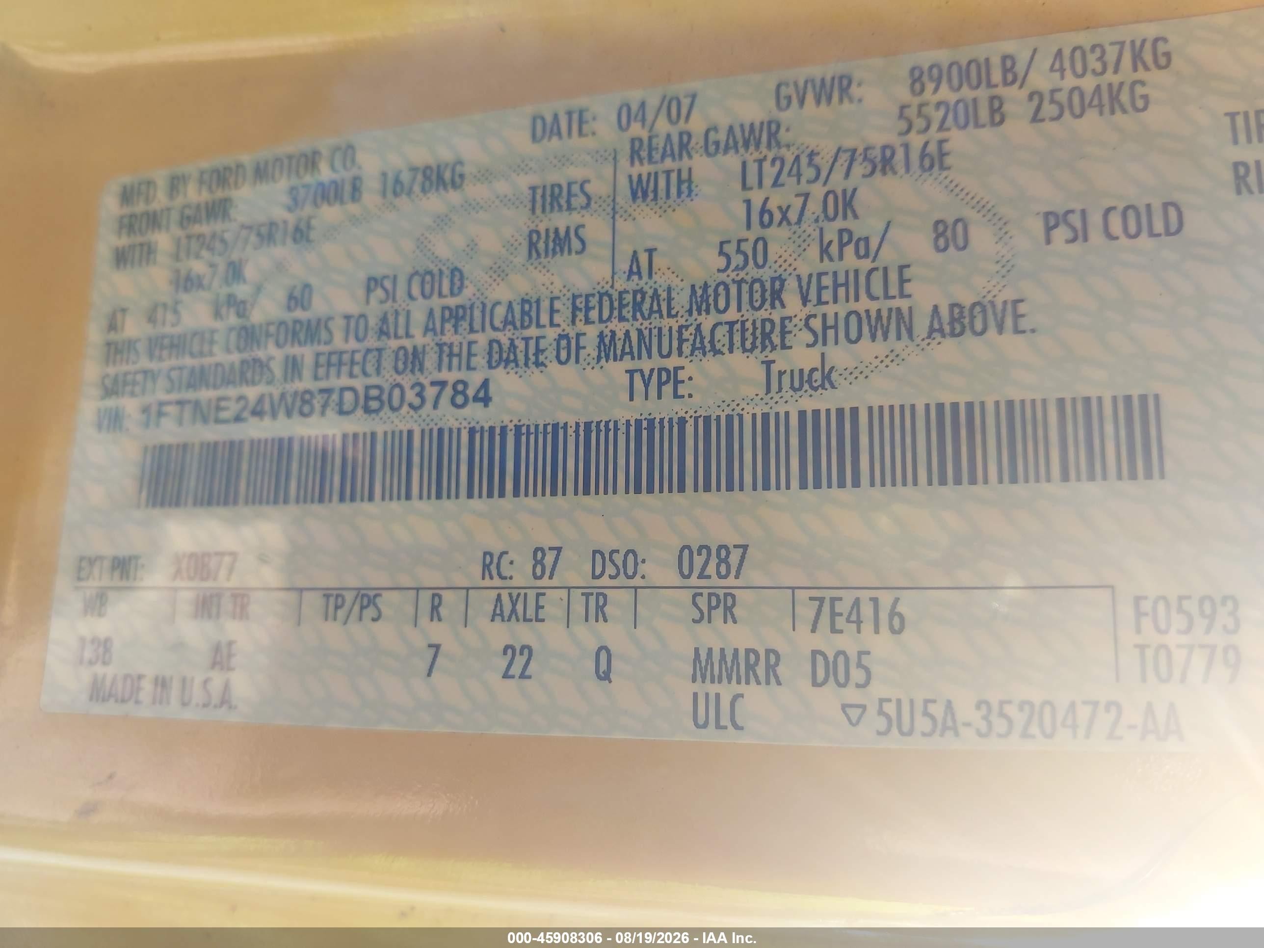 2007 Ford E-250 Commercial/recreational Yellow vin: 1FTNE24W87DB03784