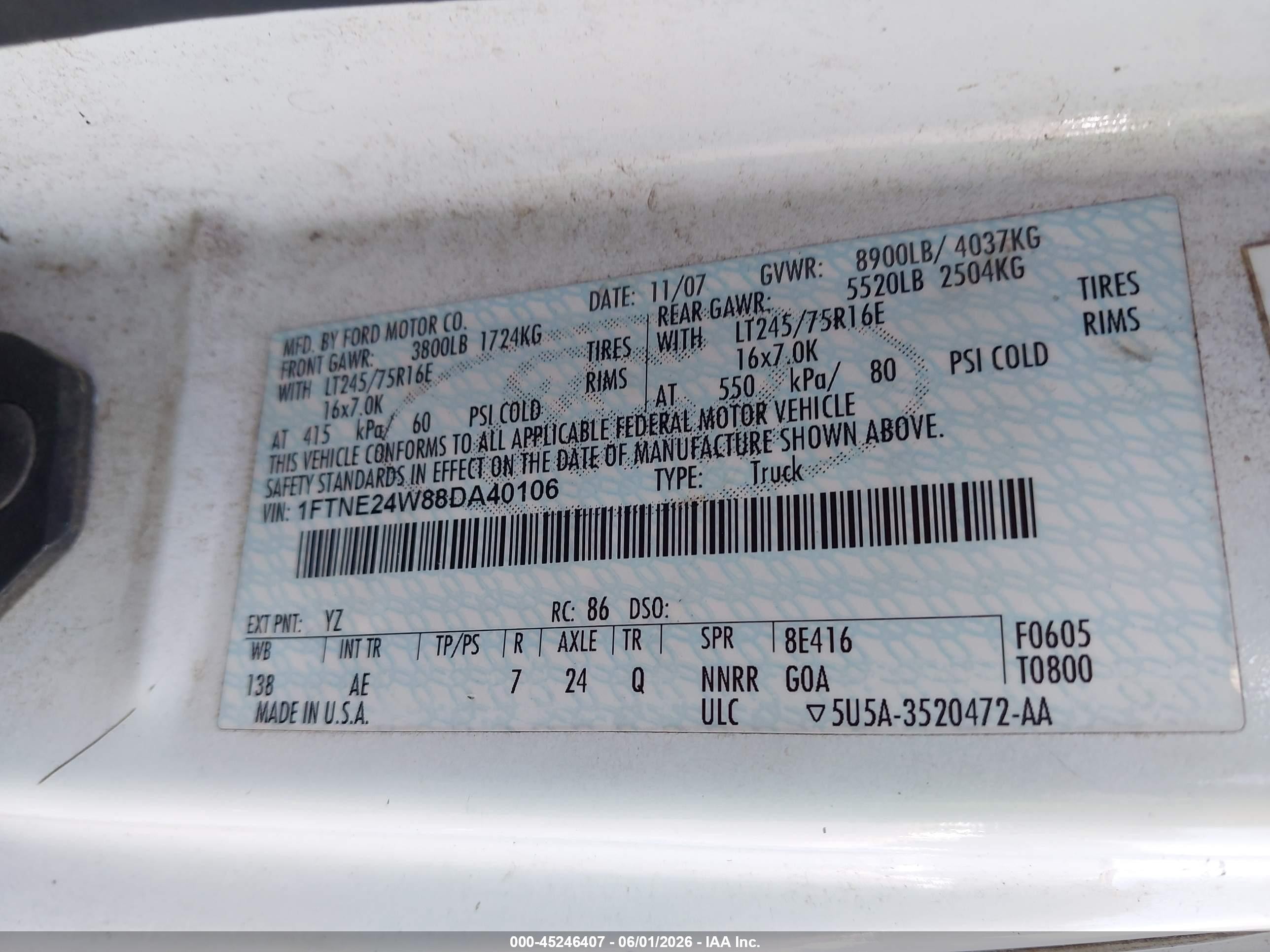2008 Ford E-250 Commercial/recreational Белый vin: 1FTNE24W88DA40106