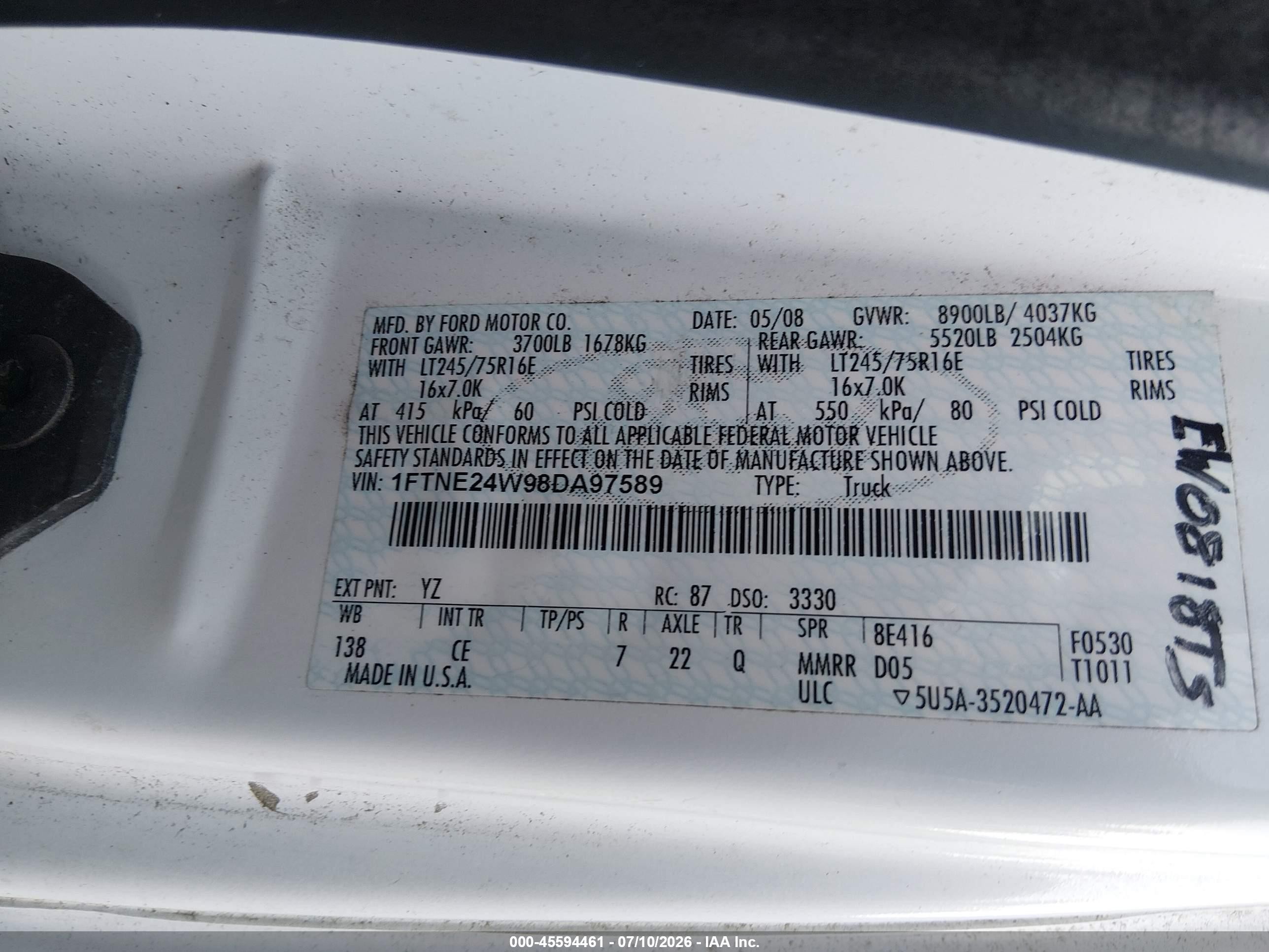 2008 Ford E-250 Commercial/recreational White vin: 1FTNE24W98DA97589
