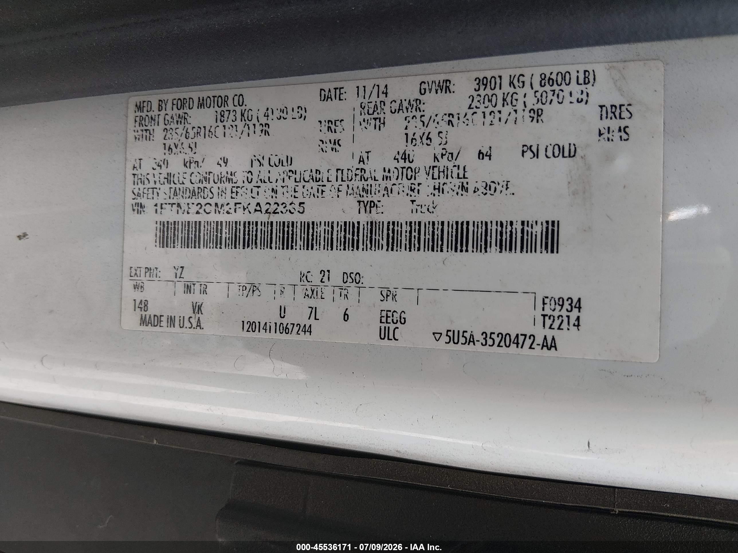 2015 Ford Transit-150 White vin: 1FTNE2CM2FKA22385