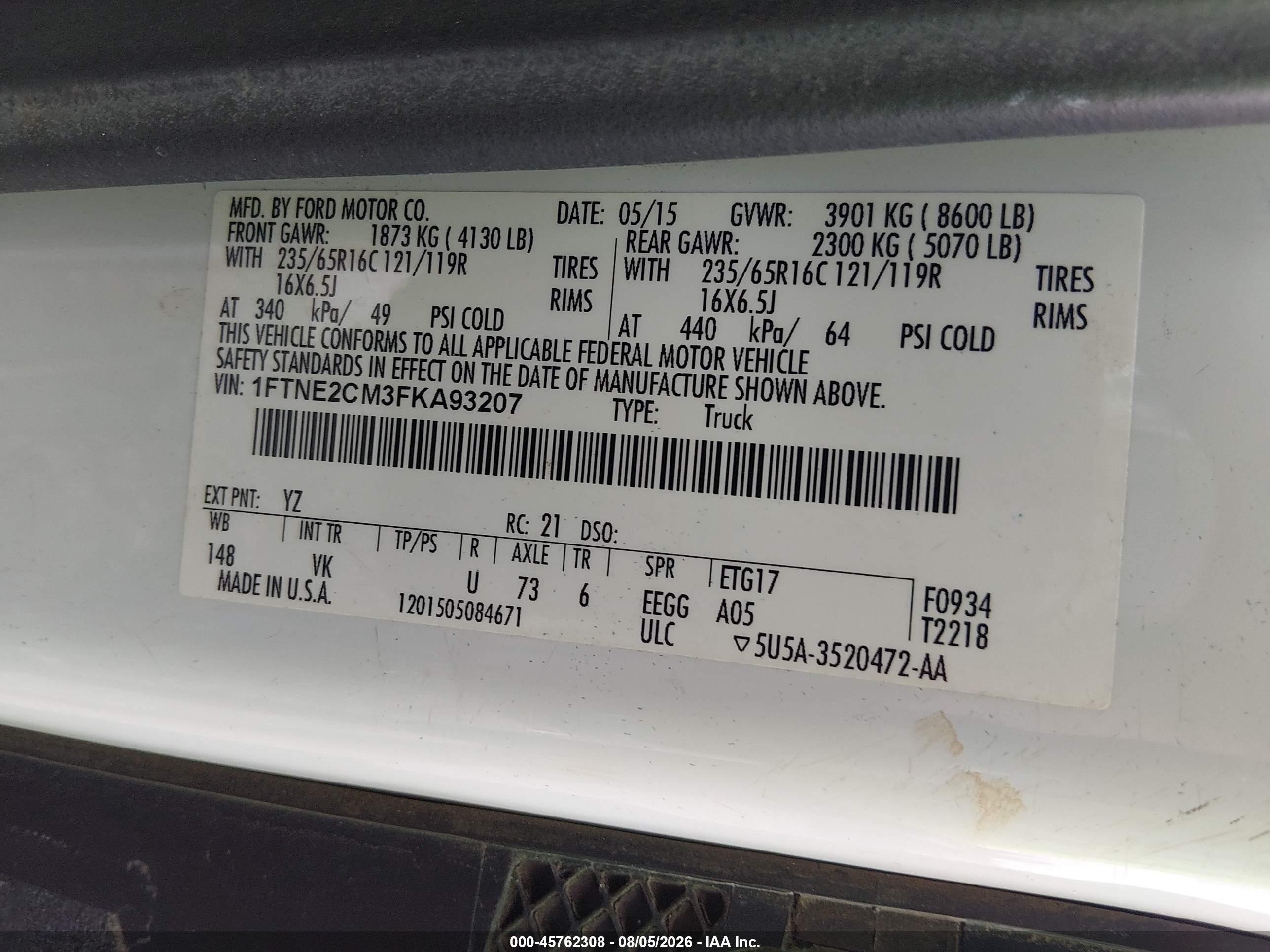 2015 Ford Transit-150   White vin: 1FTNE2CM3FKA93207