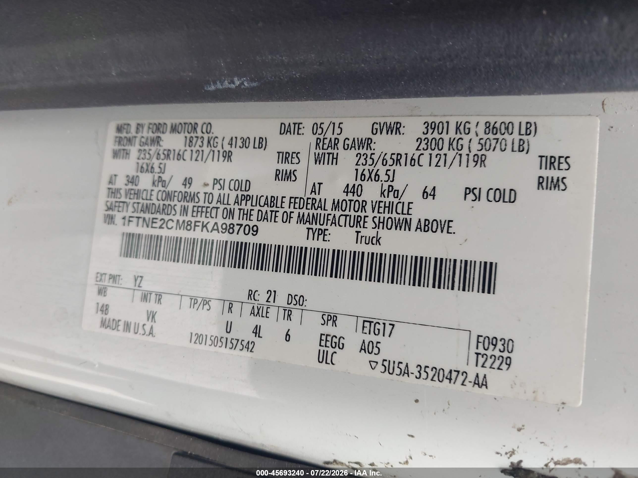 2015 Ford Transit-150 Белый vin: 1FTNE2CM8FKA98709