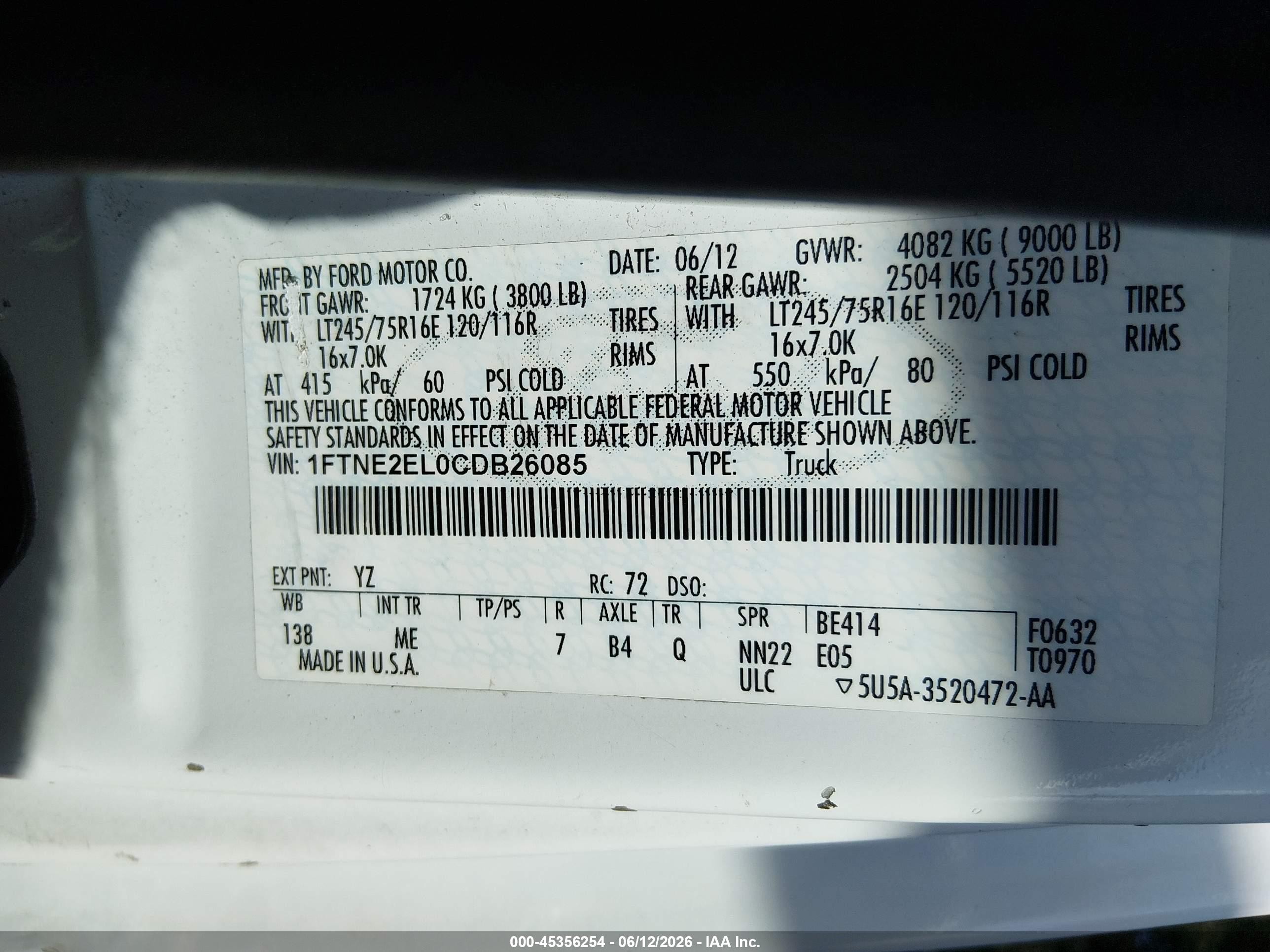 2012 Ford E-250 Commercial White vin: 1FTNE2EL0CDB26085