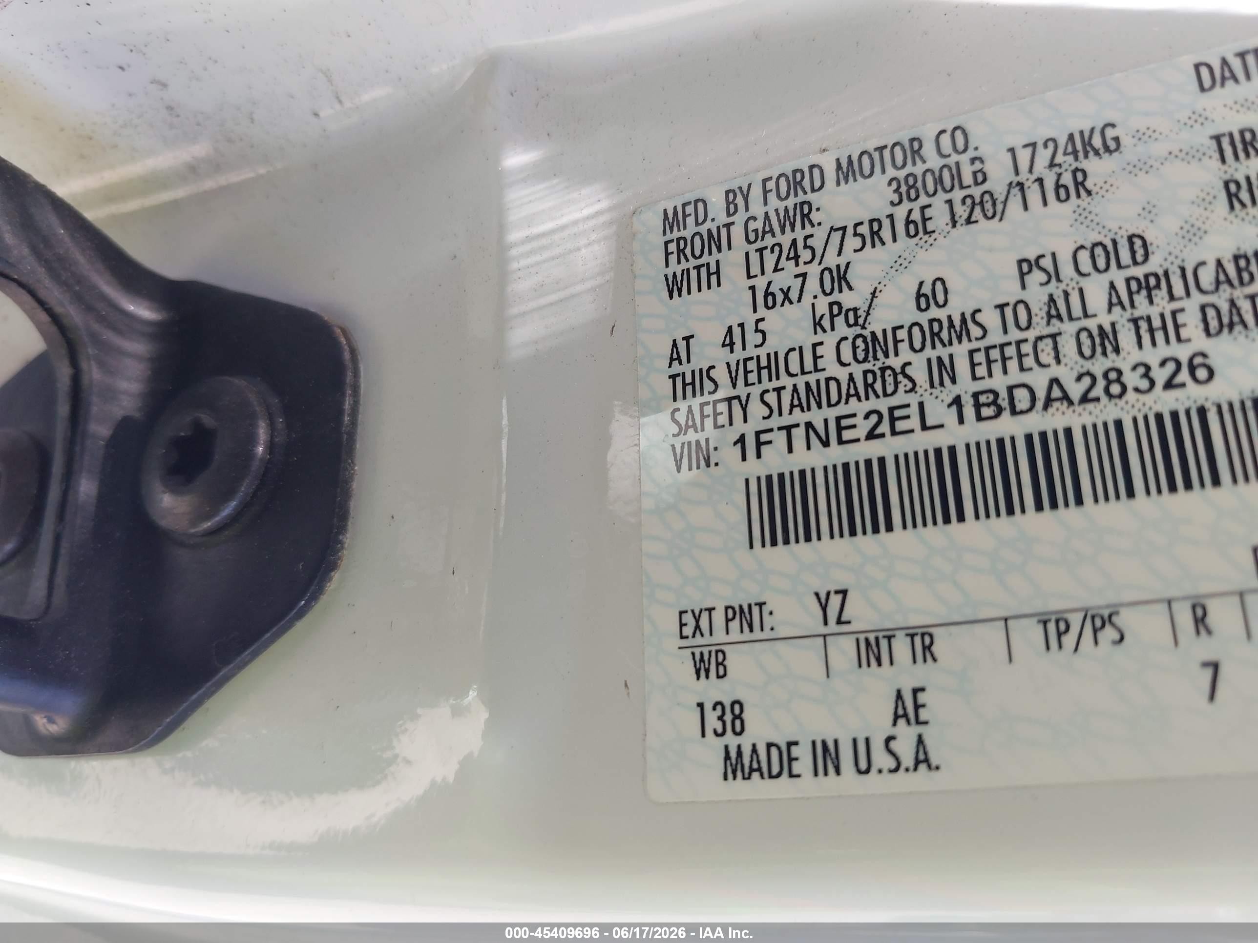 2011 Ford E-250 Commercial White vin: 1FTNE2EL1BDA28326
