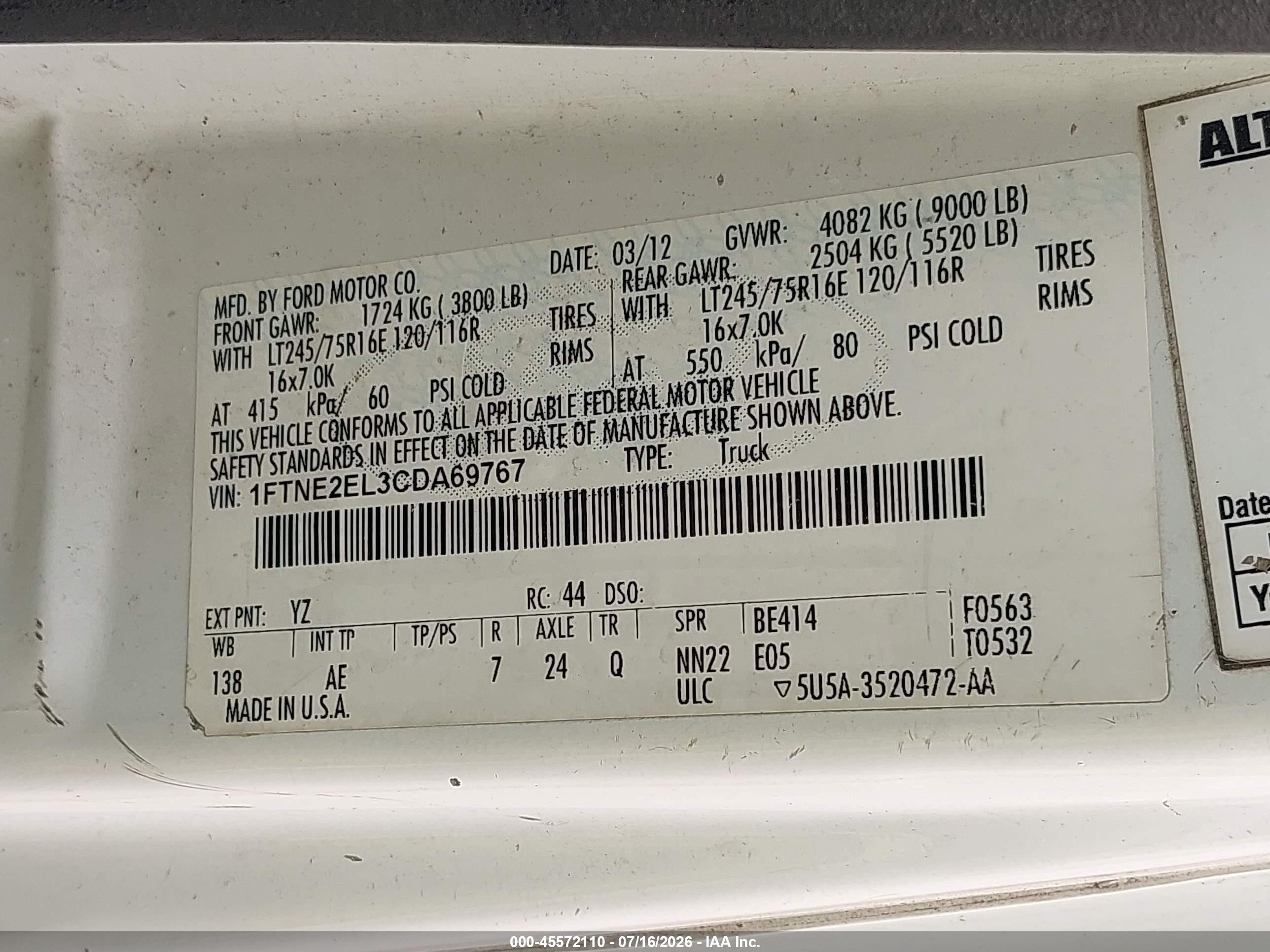2012 Ford E-250 Commercial White vin: 1FTNE2EL3CDA69767