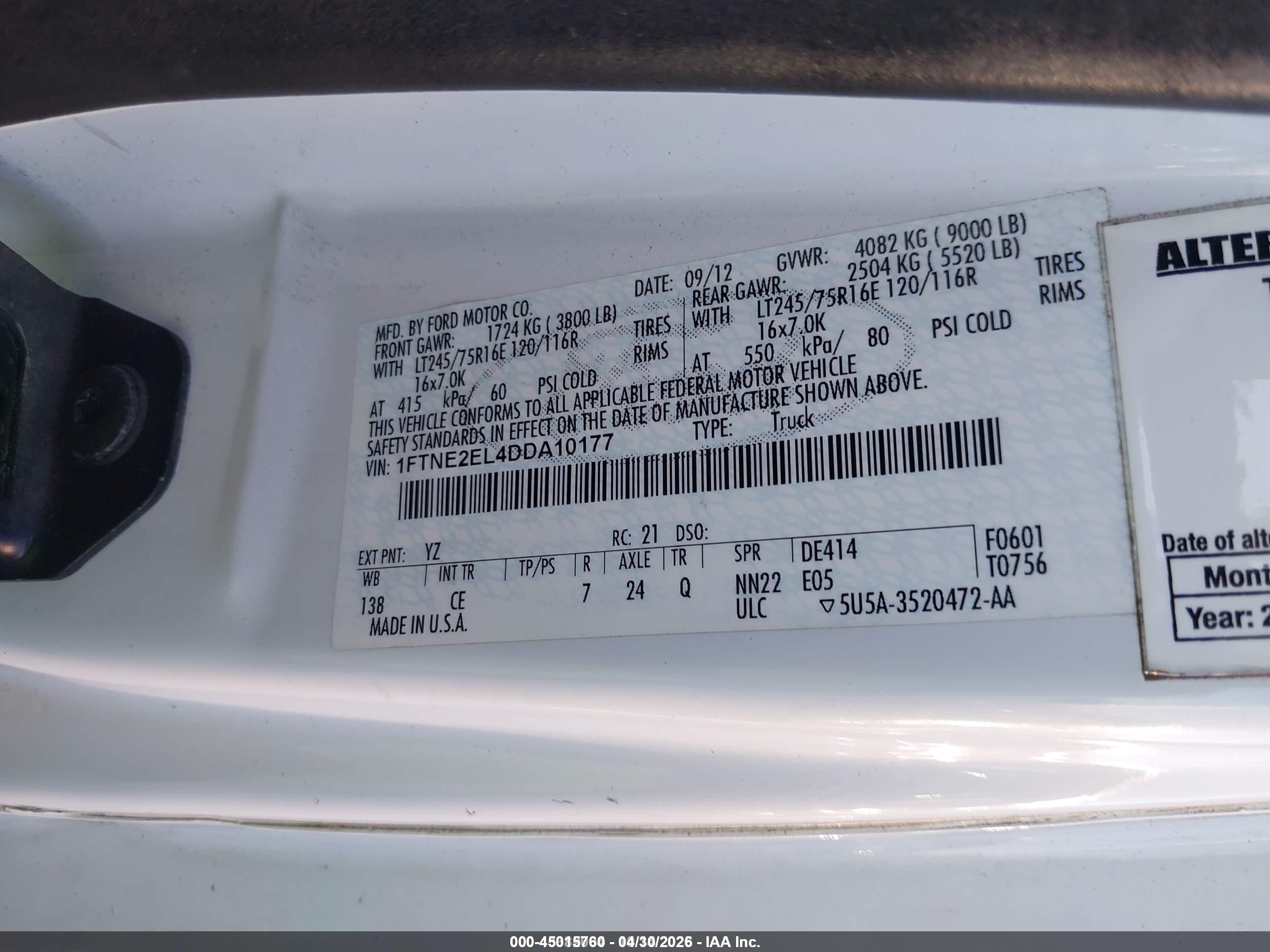 2013 Ford E-250 Commercial White vin: 1FTNE2EL4DDA10177