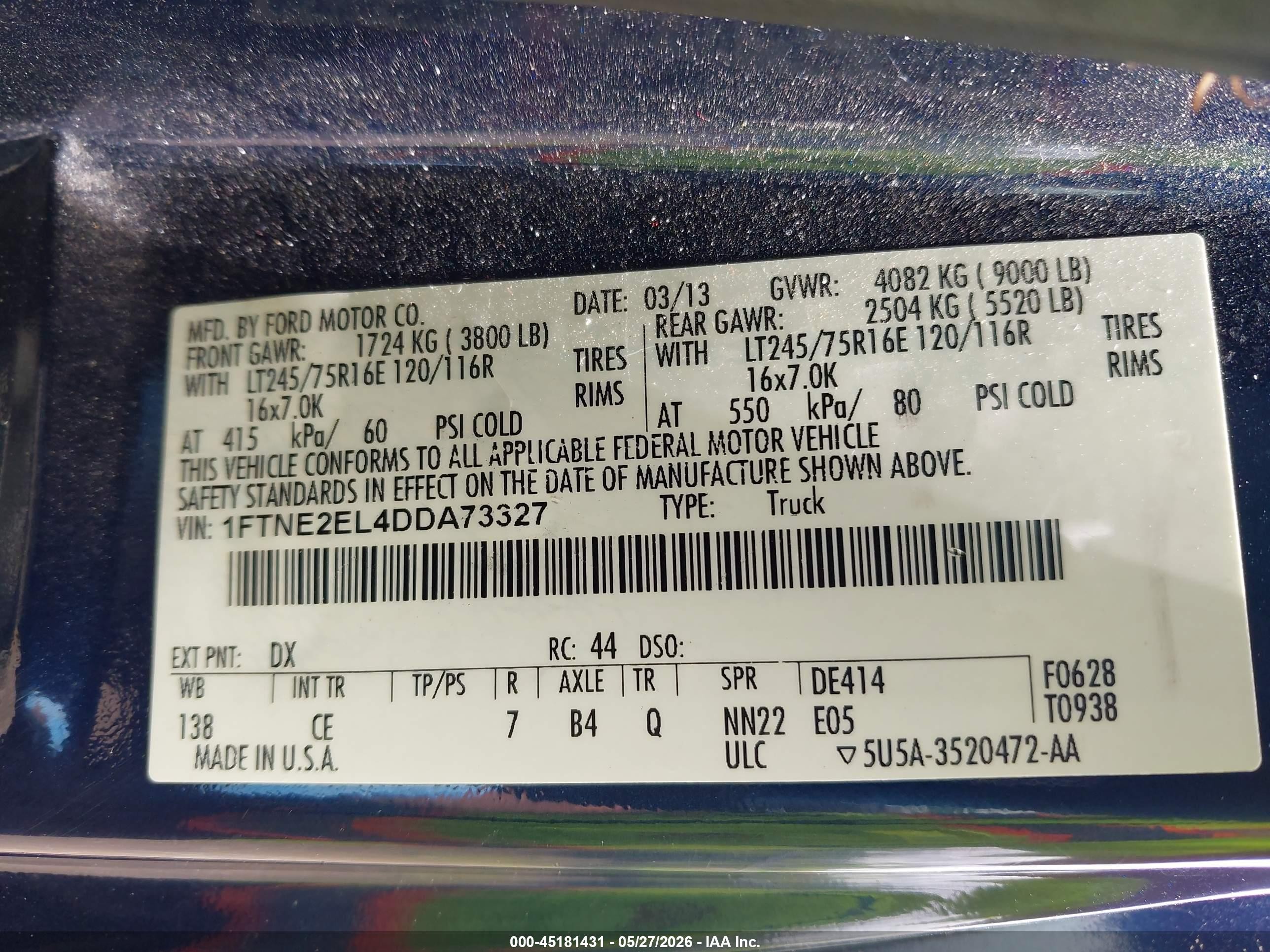 2013 Ford E-250 Commercial Blue vin: 1FTNE2EL4DDA73327