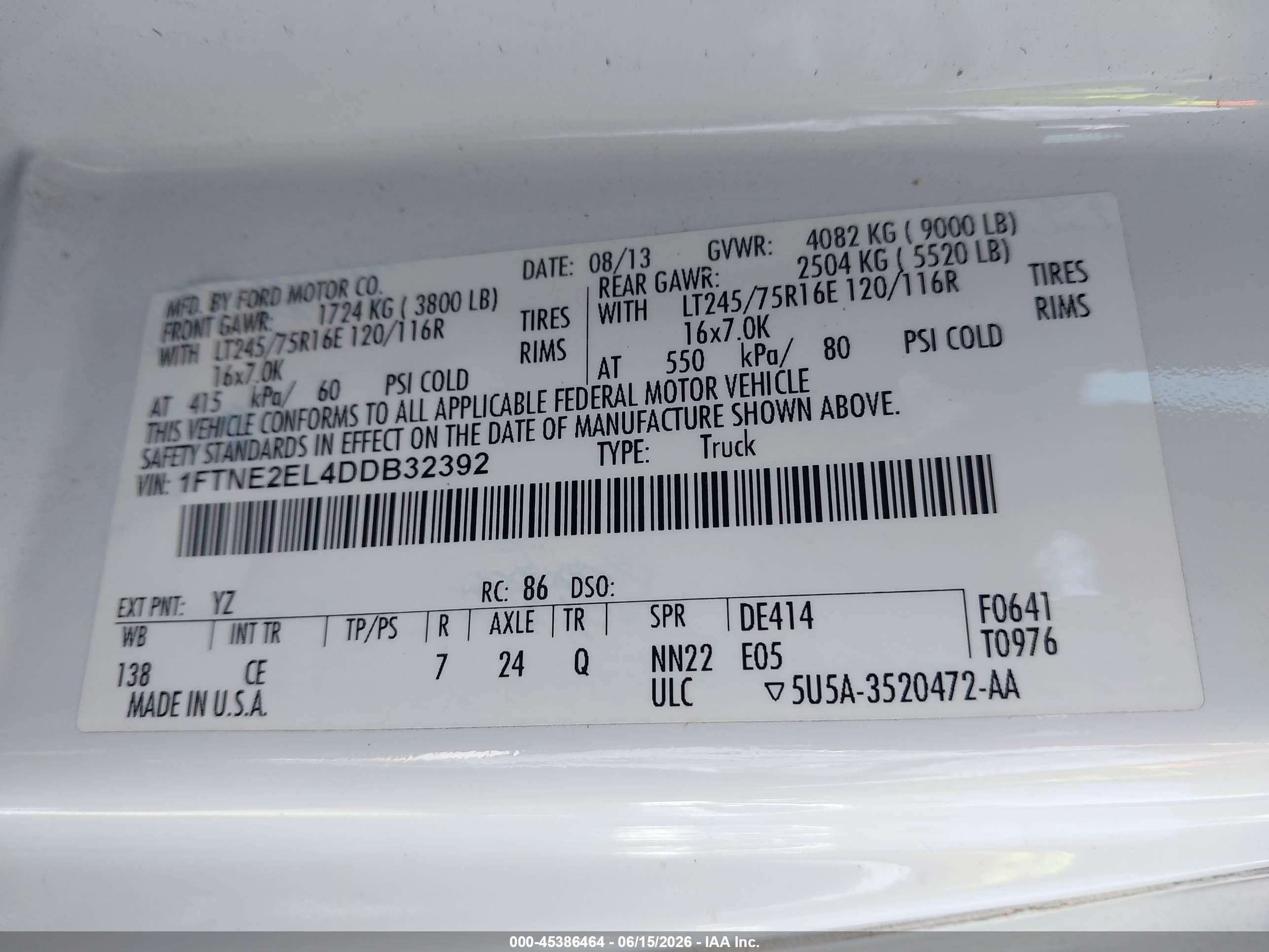 2013 Ford E-250 Commercial White vin: 1FTNE2EL4DDB32392