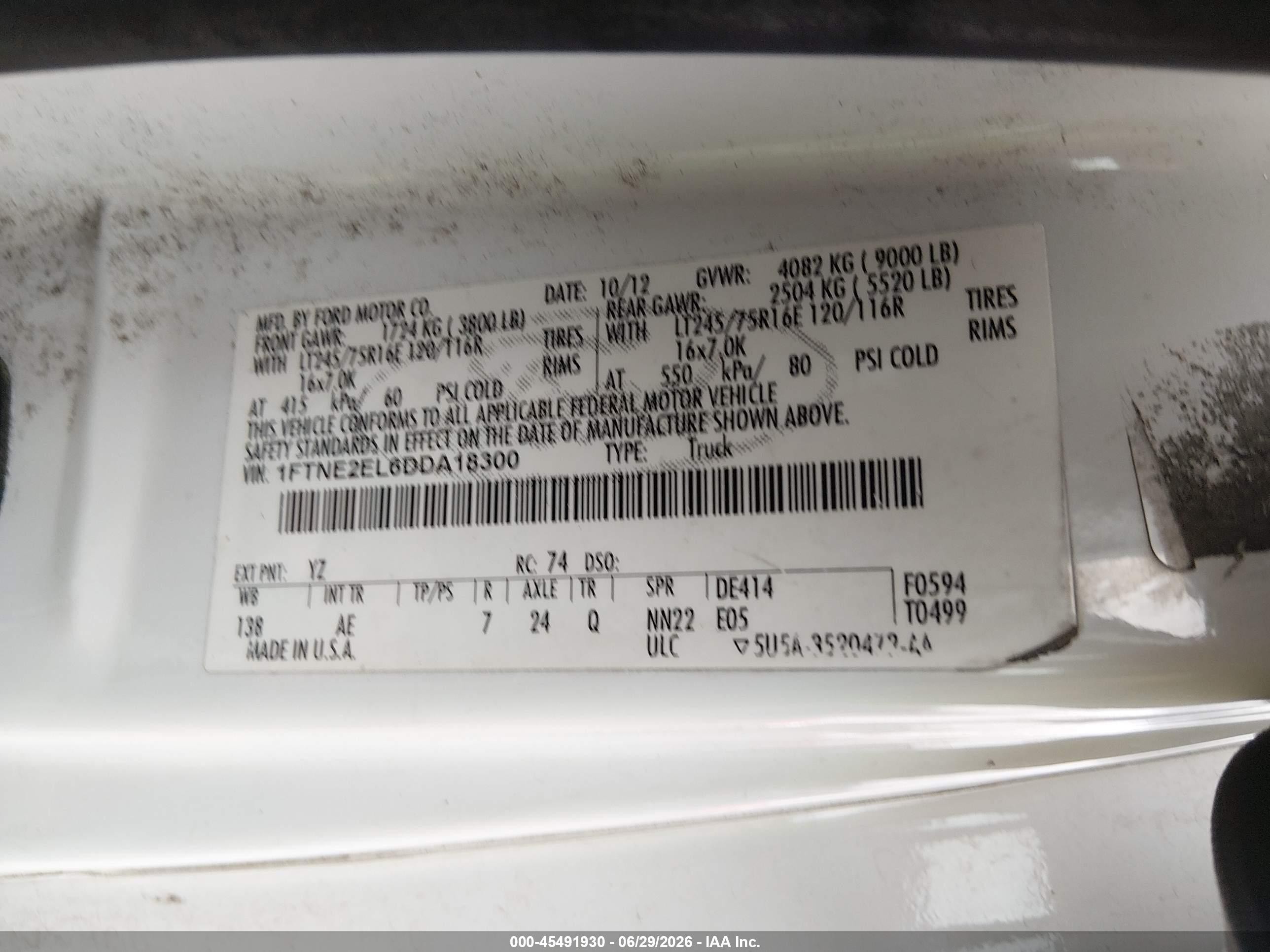 2013 Ford E-250 Commercial White vin: 1FTNE2EL6DDA18300