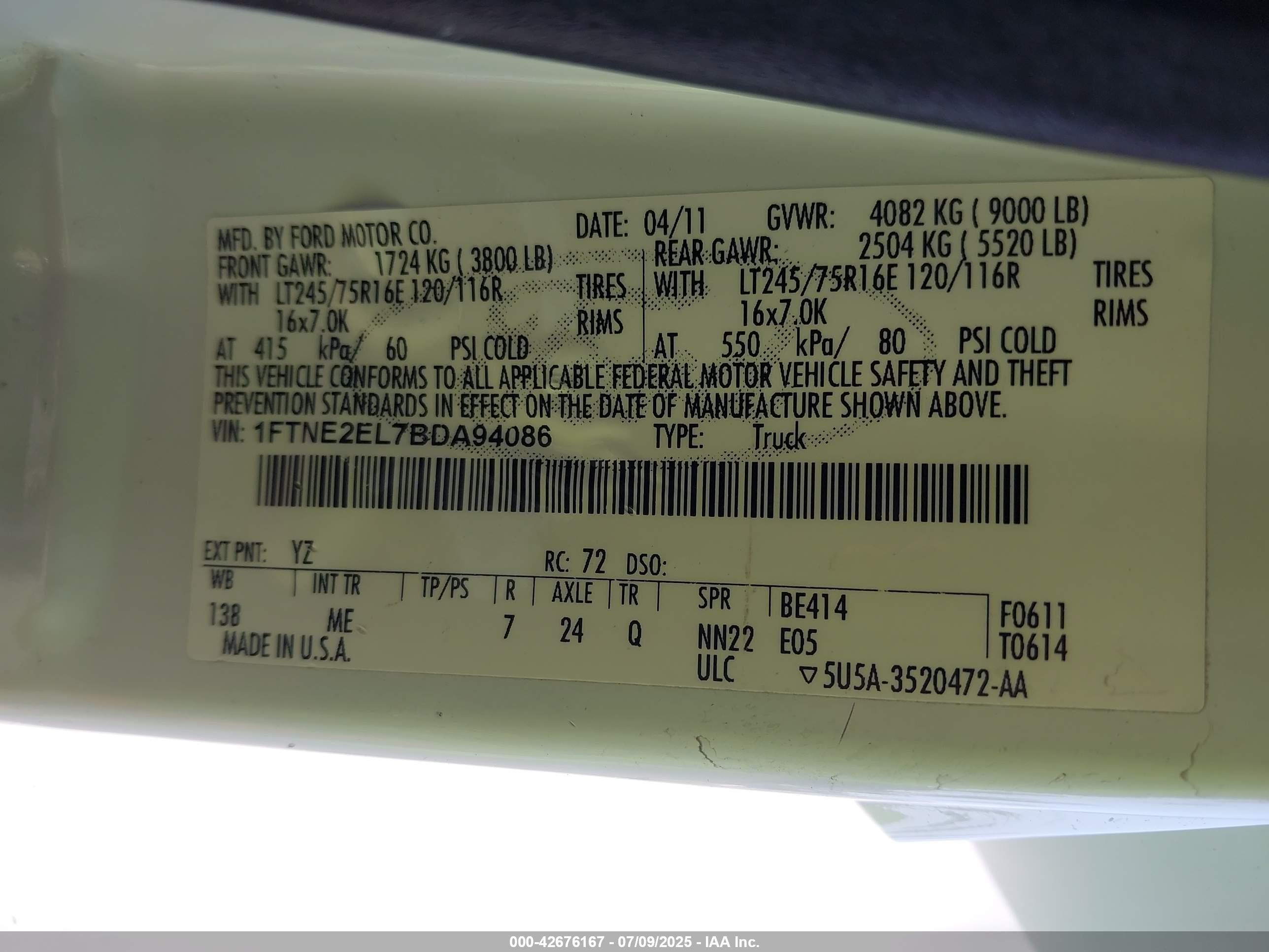 2011 Ford E-250 Commercial White vin: 1FTNE2EL7BDA94086