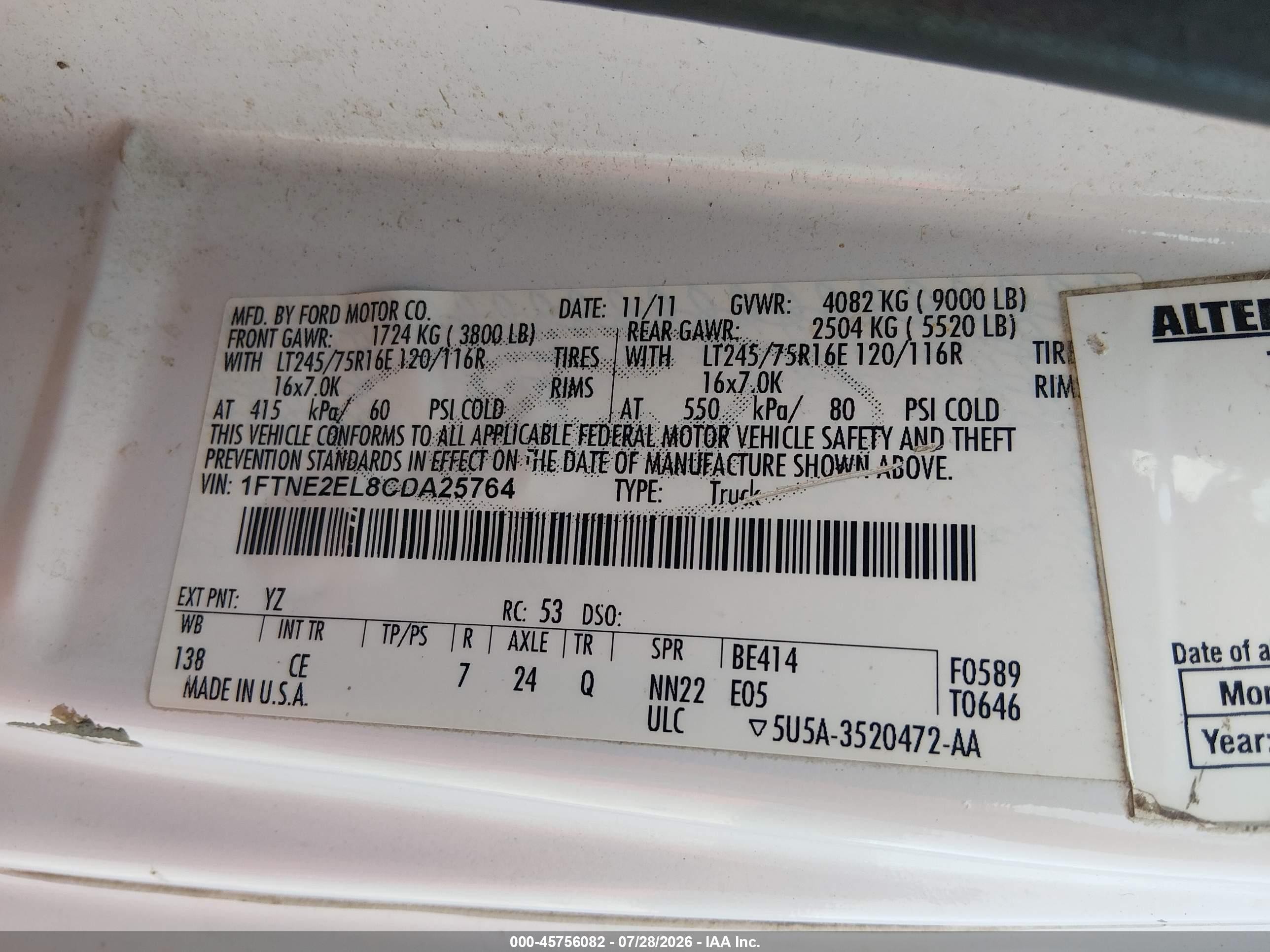 2012 Ford E-250 Commercial White vin: 1FTNE2EL8CDA25764