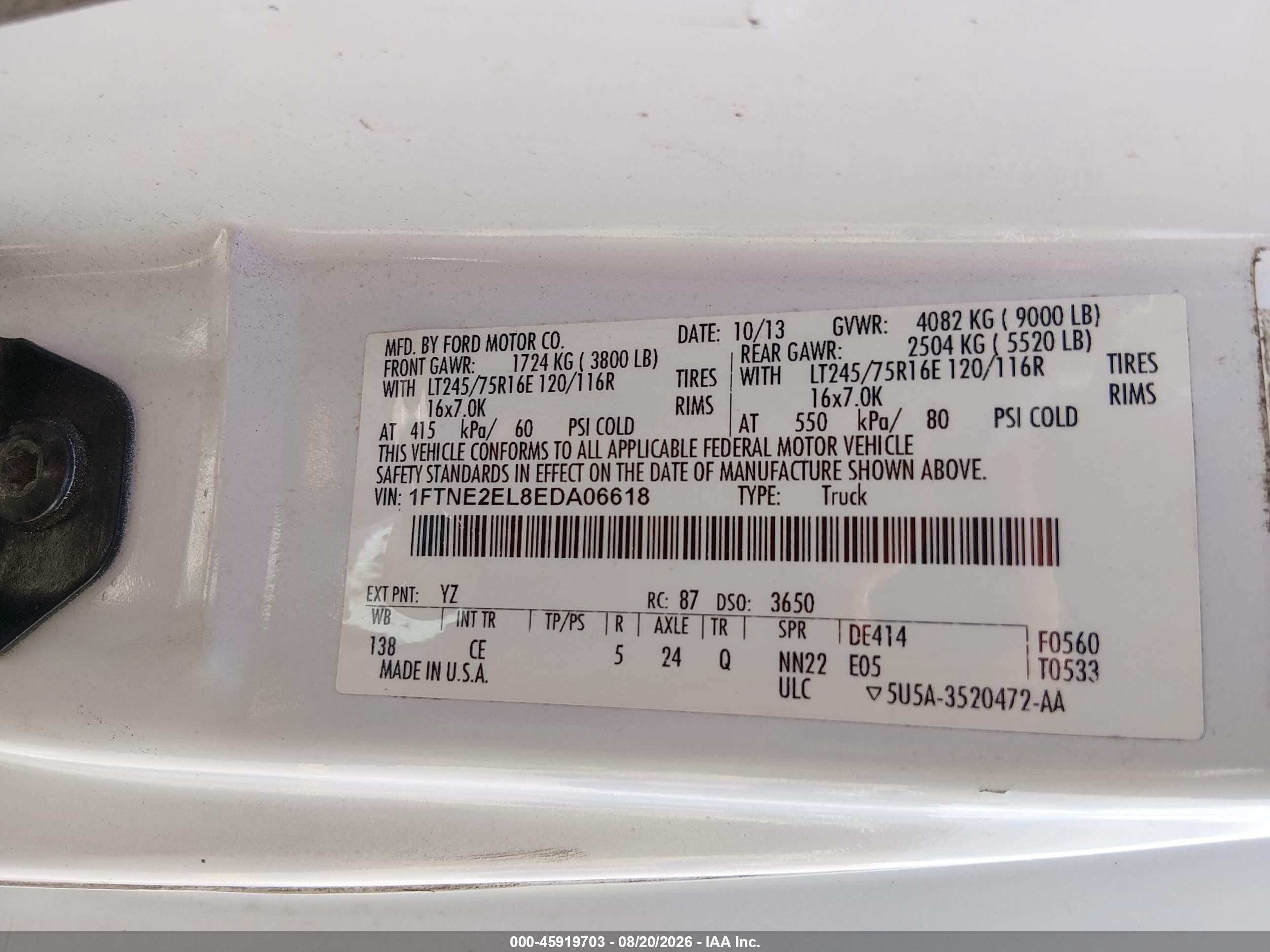 2014 Ford E-250 Commercial White vin: 1FTNE2EL8EDA06618