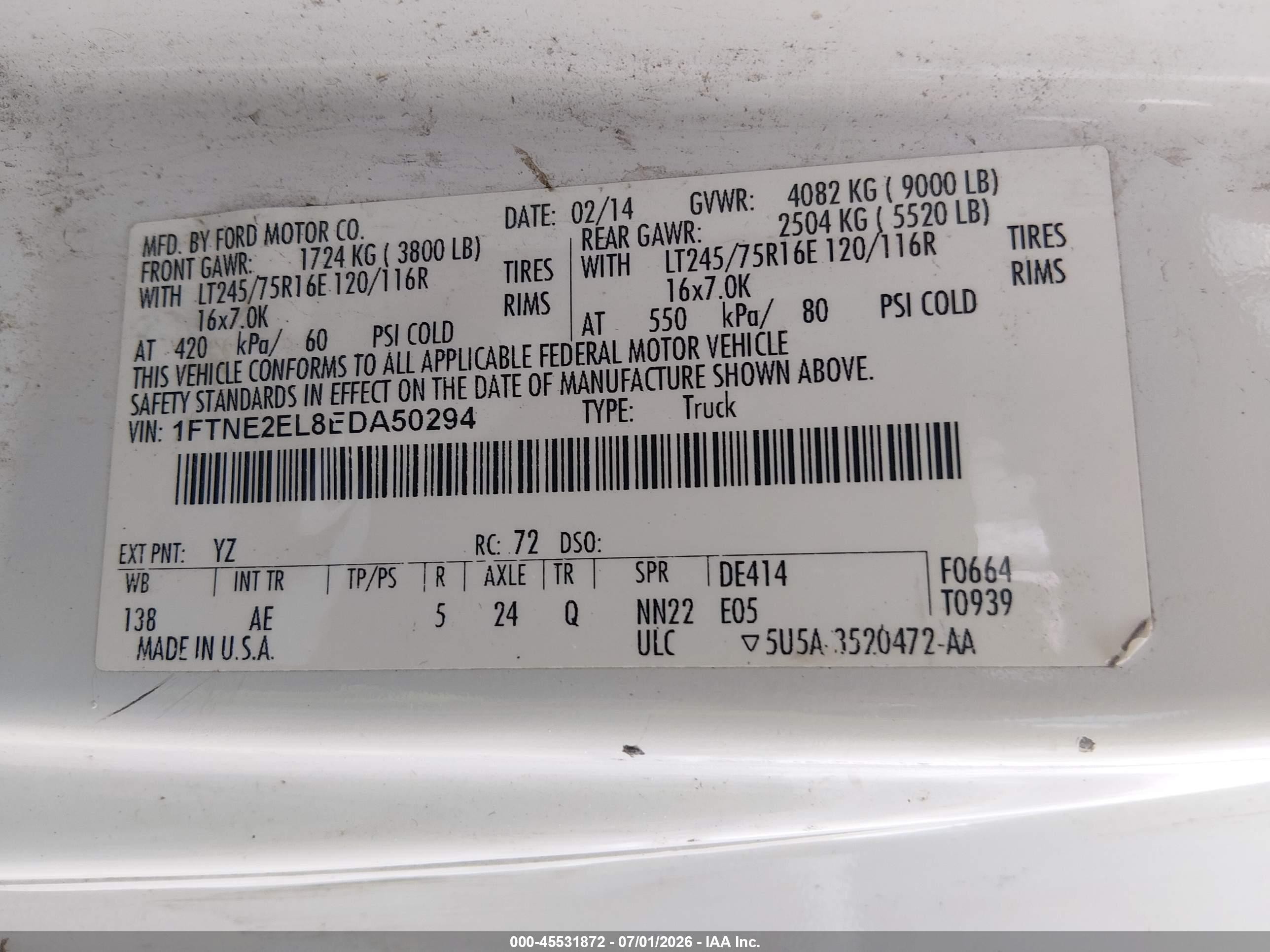 2014 Ford E-250 Commercial White vin: 1FTNE2EL8EDA50294