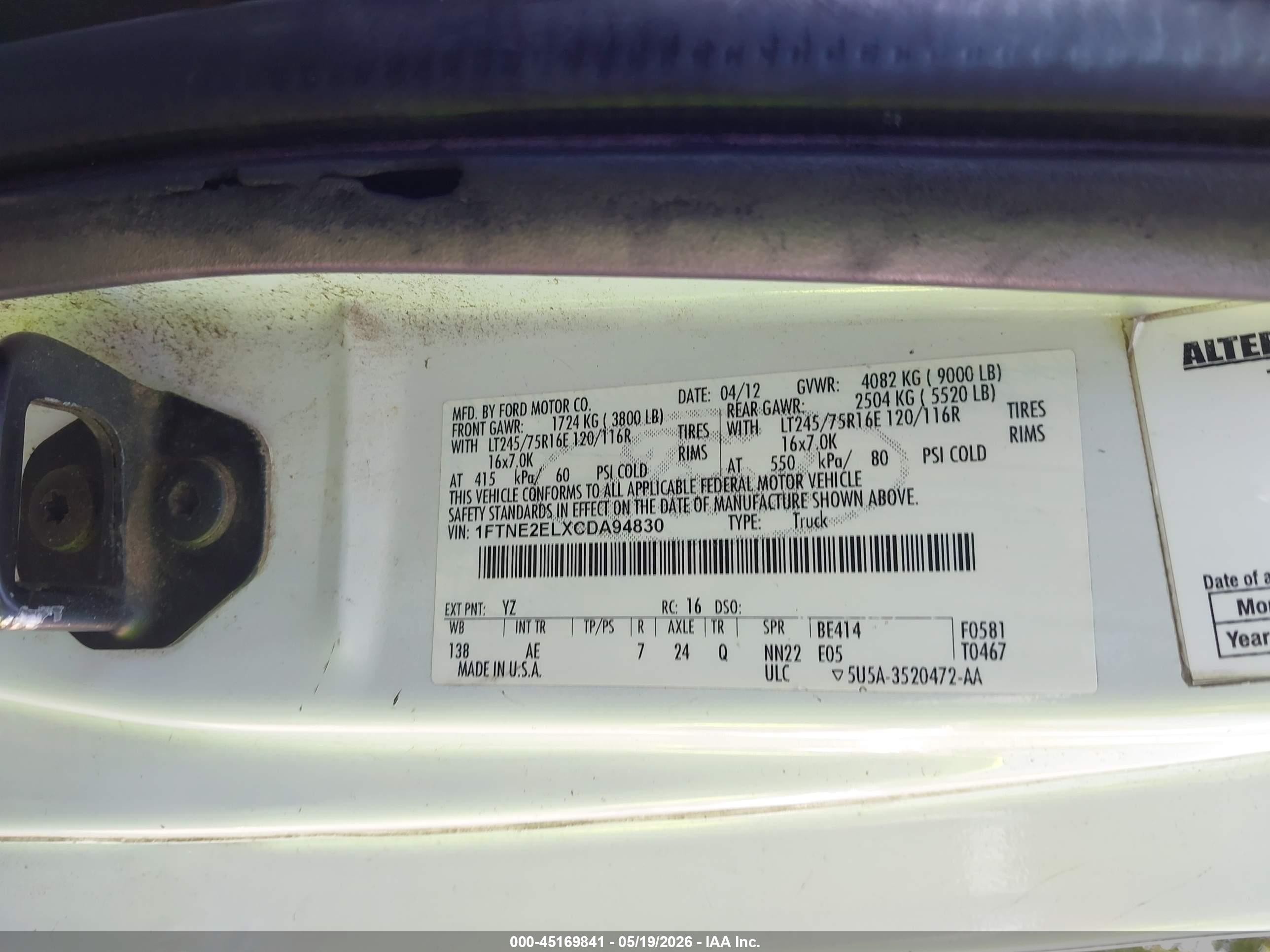 2012 Ford E-250 Commercial White vin: 1FTNE2ELXCDA94830