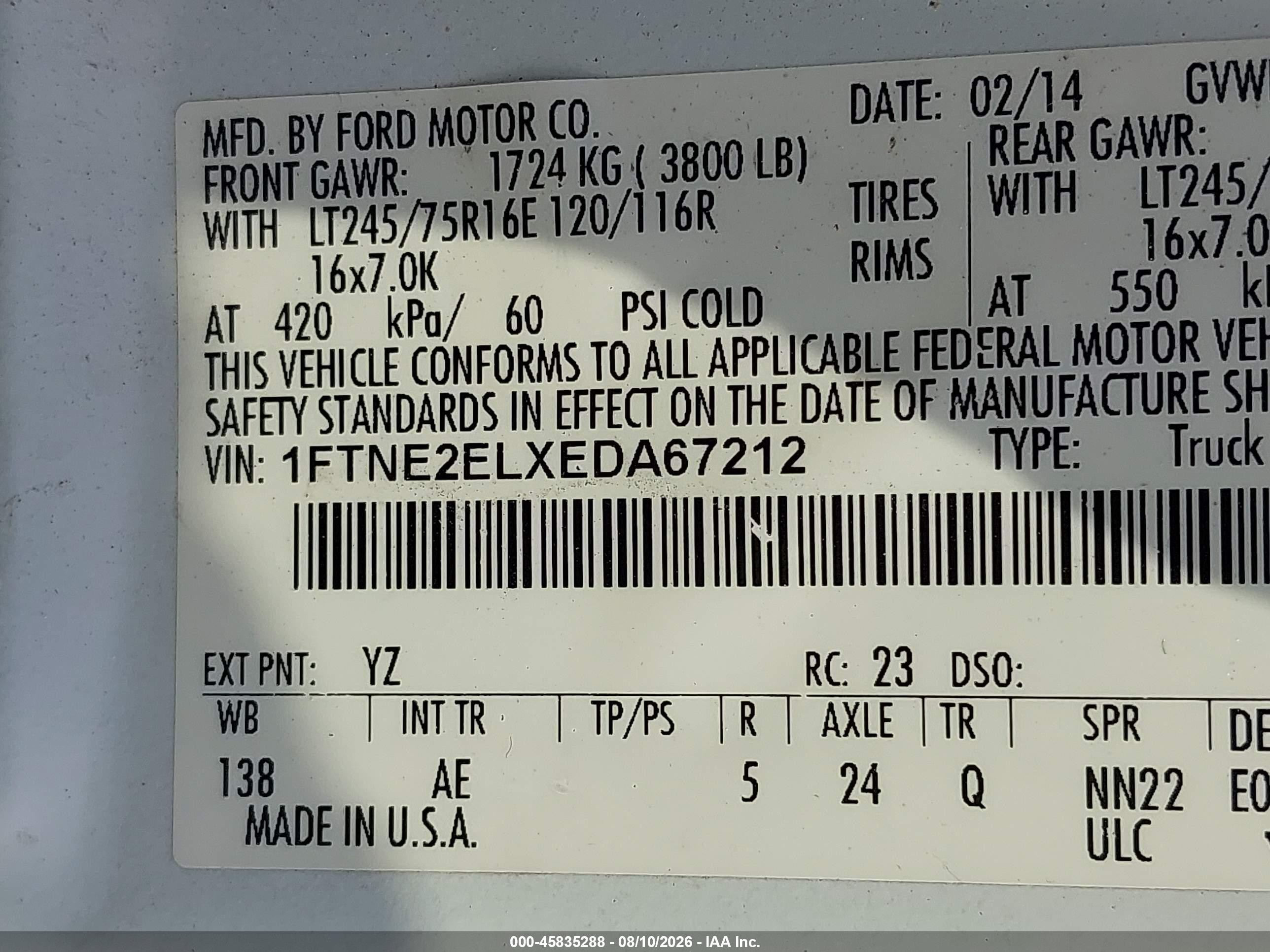 2014 Ford E-250 Commercial White vin: 1FTNE2ELXEDA67212