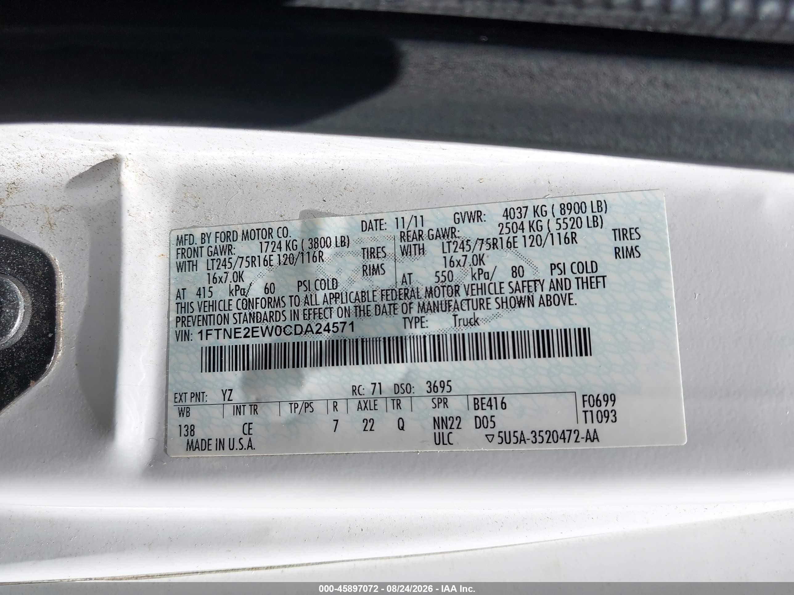2012 Ford E-250 Commercial Белый vin: 1FTNE2EW0CDA24571