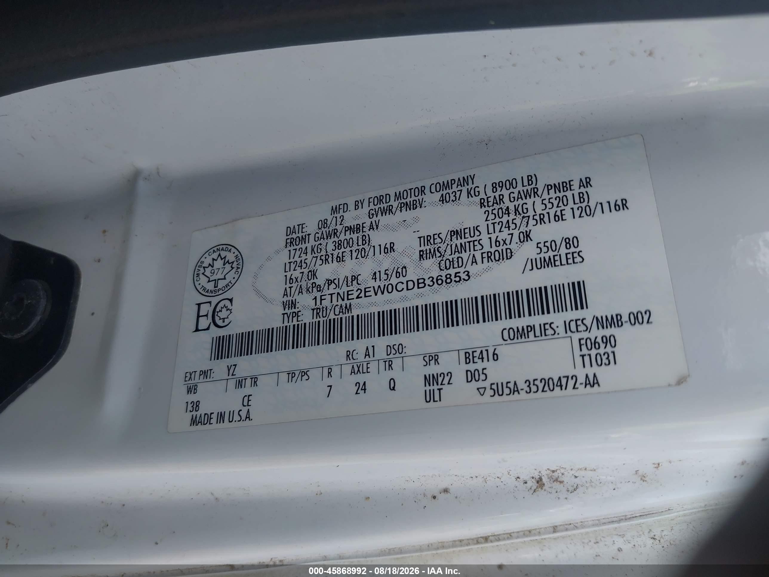 2012 Ford E-250 Commercial Белый vin: 1FTNE2EW0CDB36853