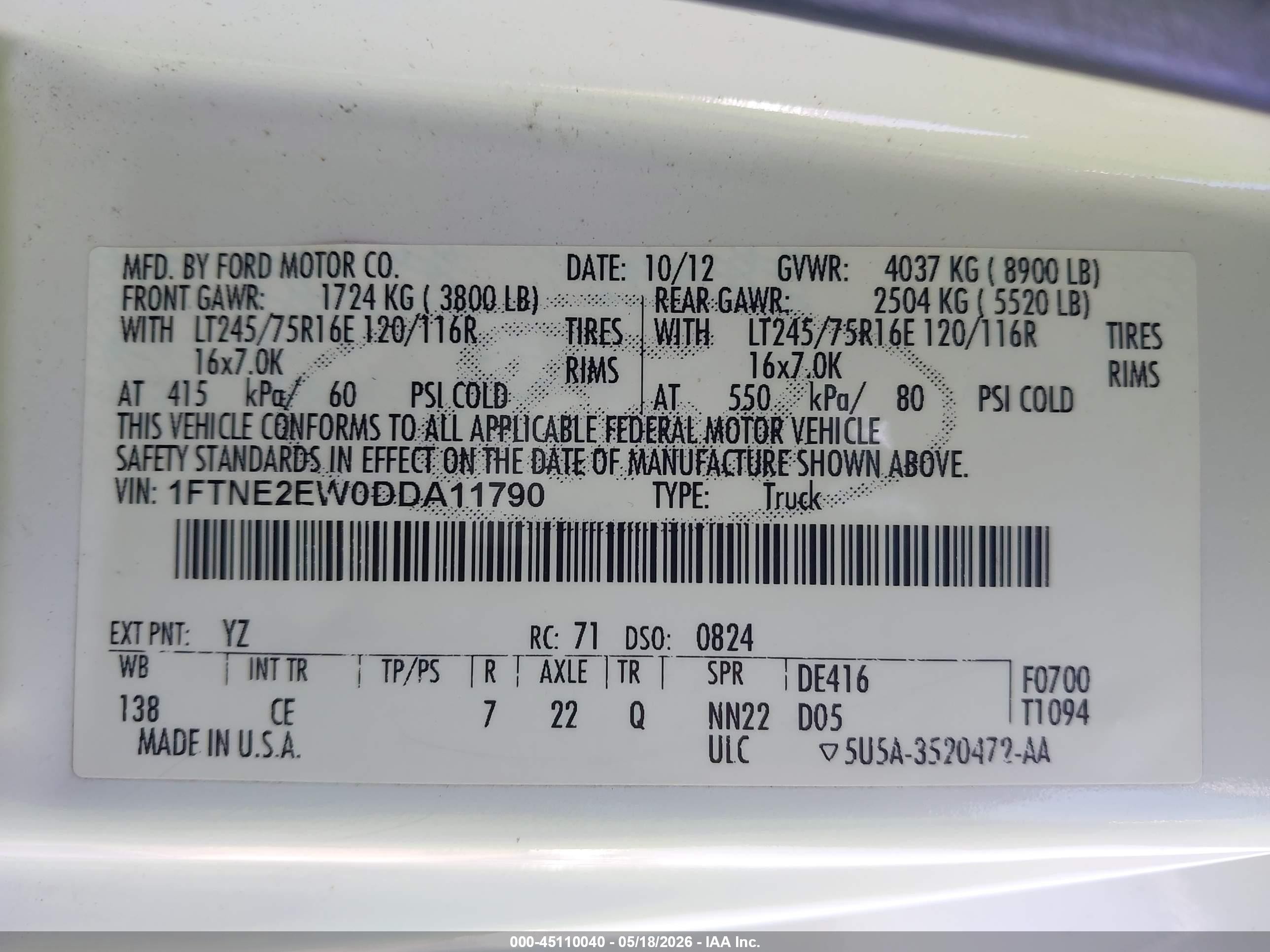 2013 Ford E-250 Commercial White vin: 1FTNE2EW0DDA11790