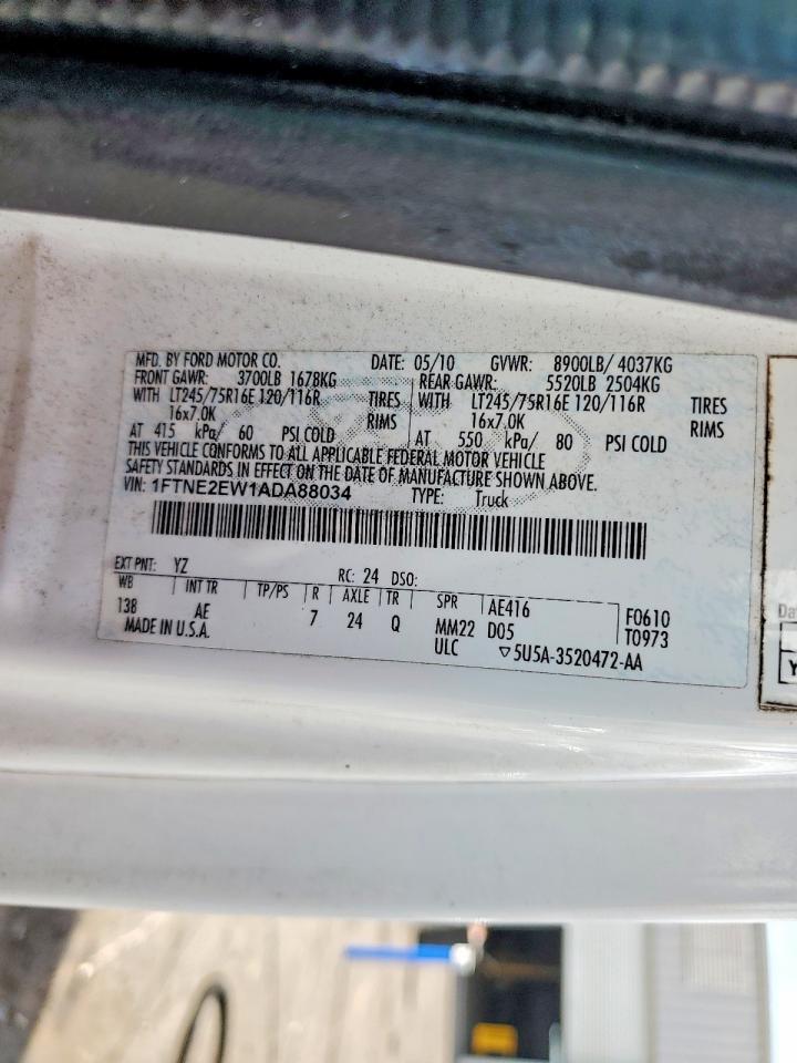 2010 Ford Econoline E250 Van White vin: 1FTNE2EW1ADA88034
