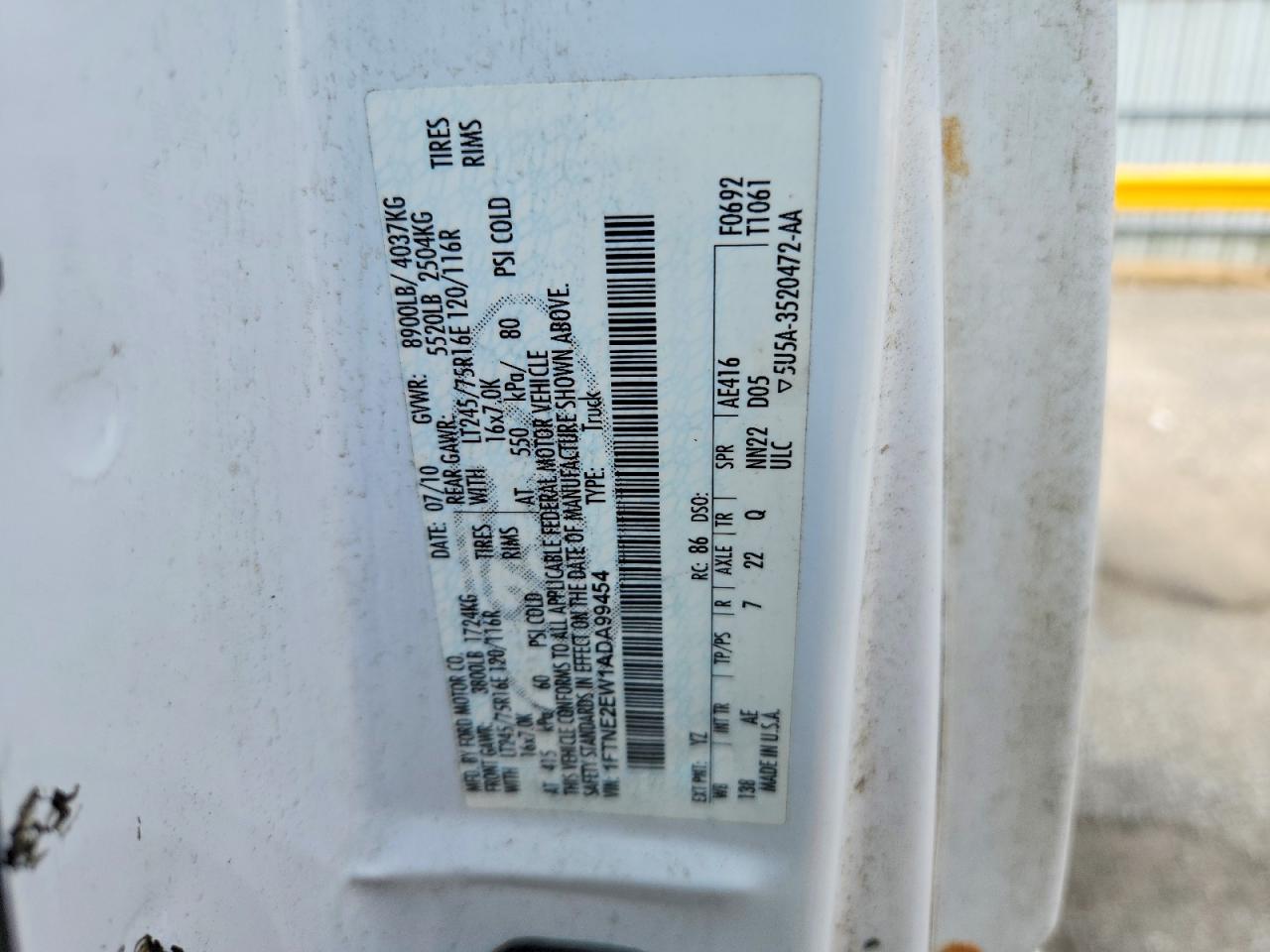 2010 Ford Econoline E250 Van White vin: 1FTNE2EW1ADA99454