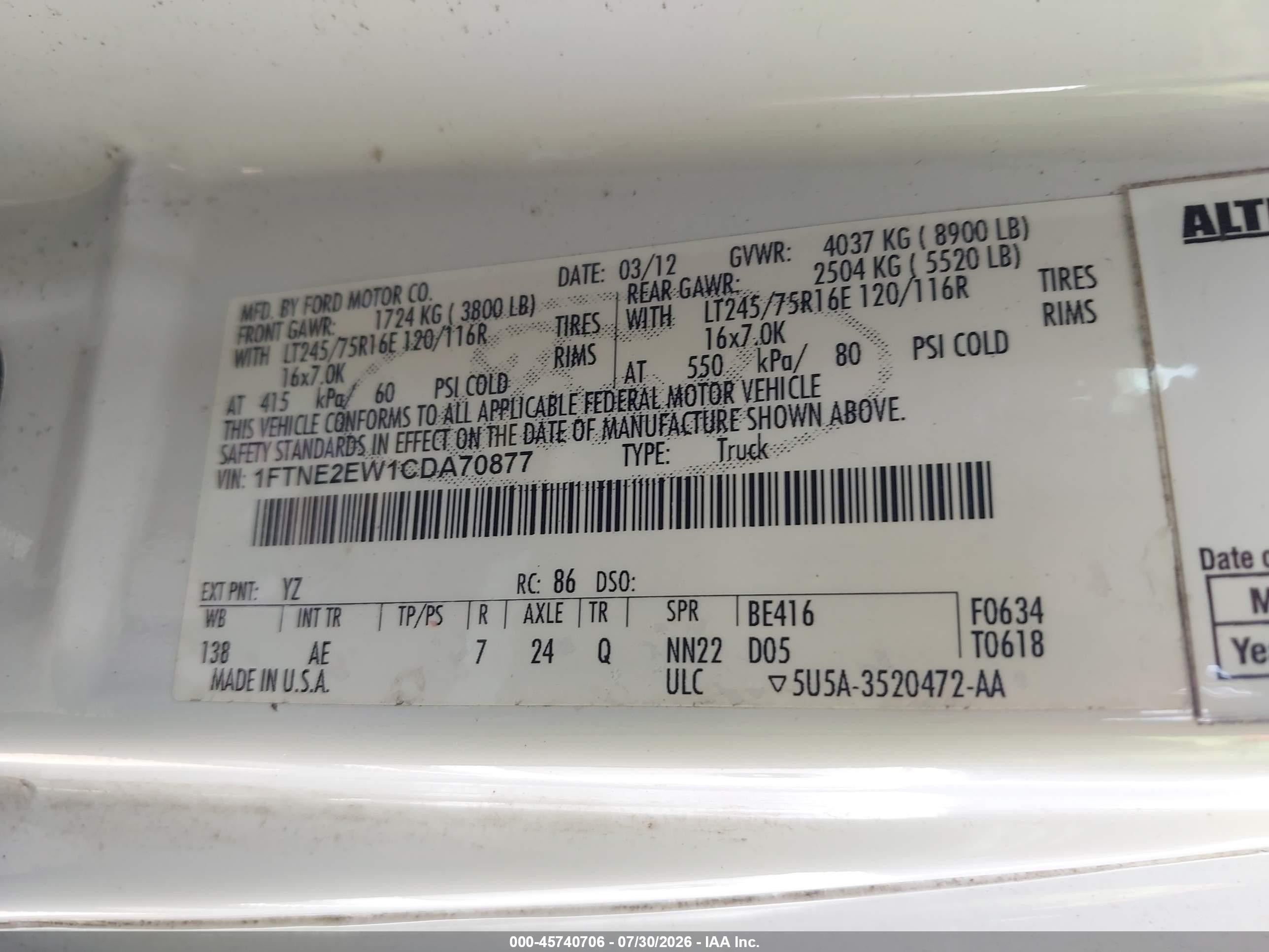 2012 Ford E-250 Commercial White vin: 1FTNE2EW1CDA70877