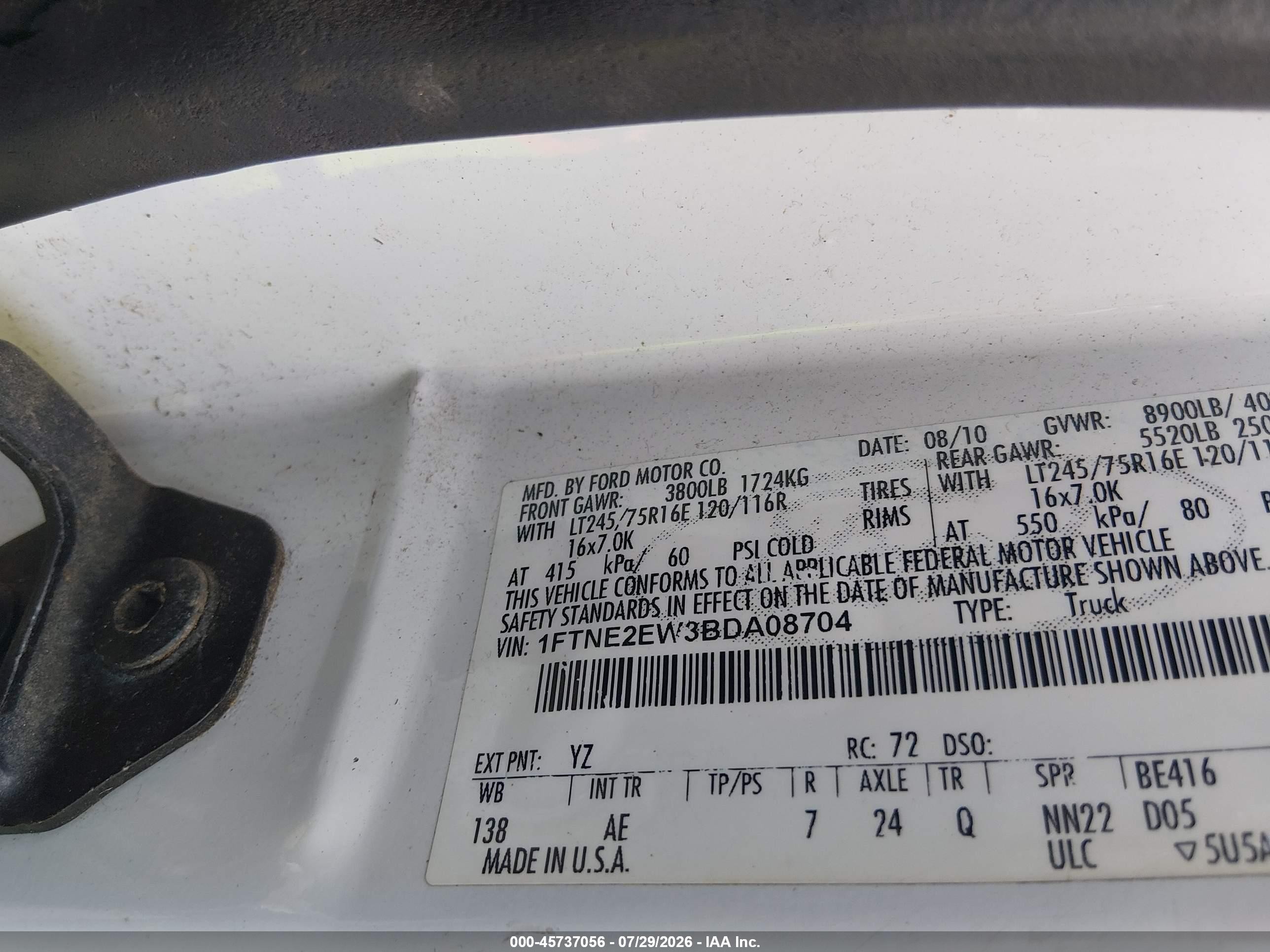 2011 Ford E-250 Commercial White vin: 1FTNE2EW3BDA08704