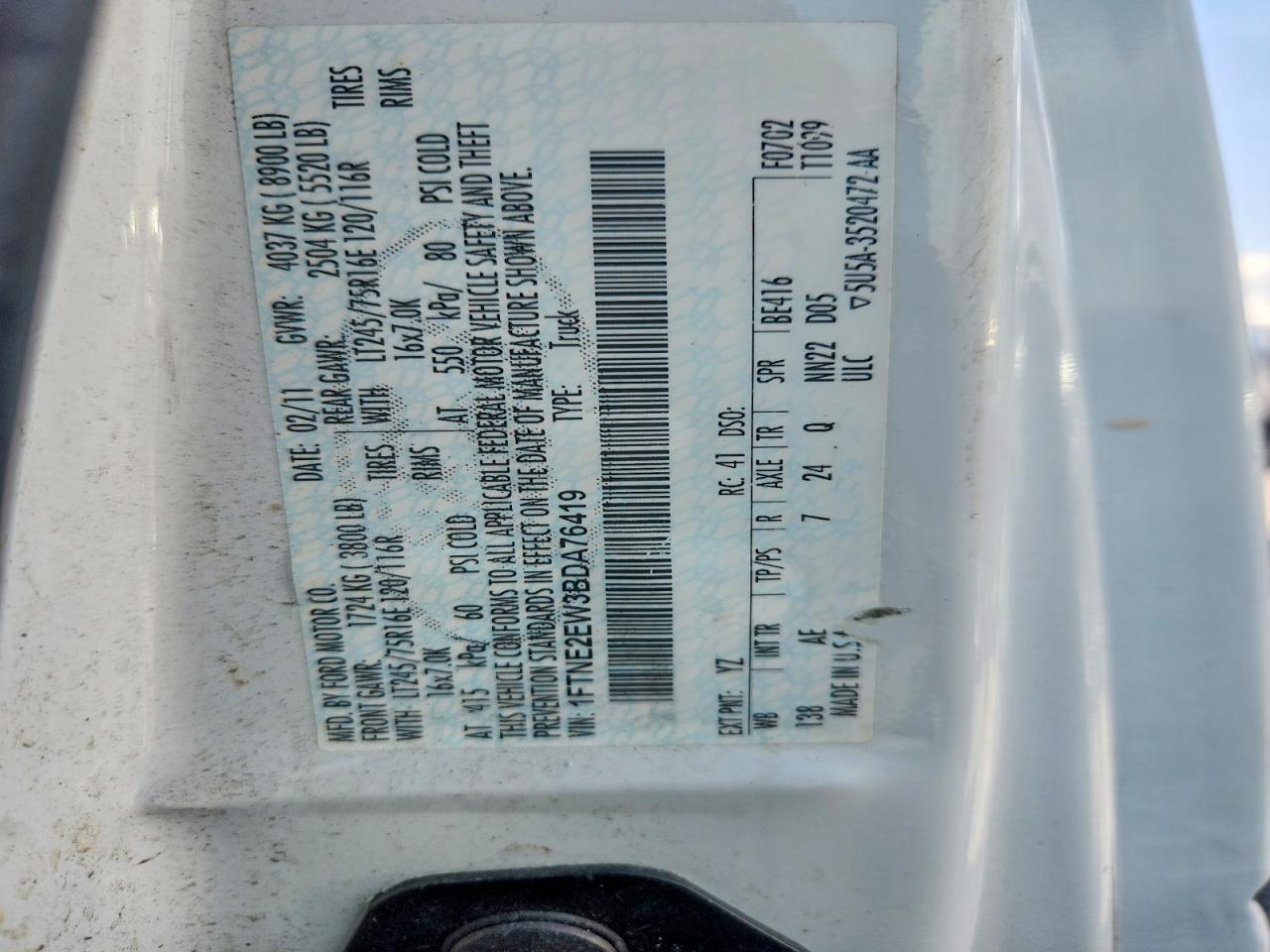 2011 Ford Econoline E250 Van Белый vin: 1FTNE2EW3BDA76419