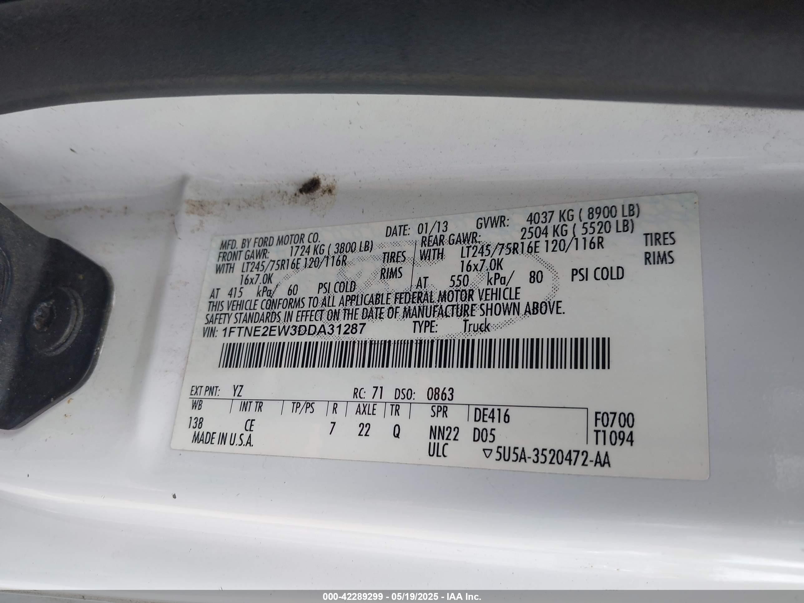 2013 Ford E-250 Commercial vin: 1FTNE2EW3DDA31287