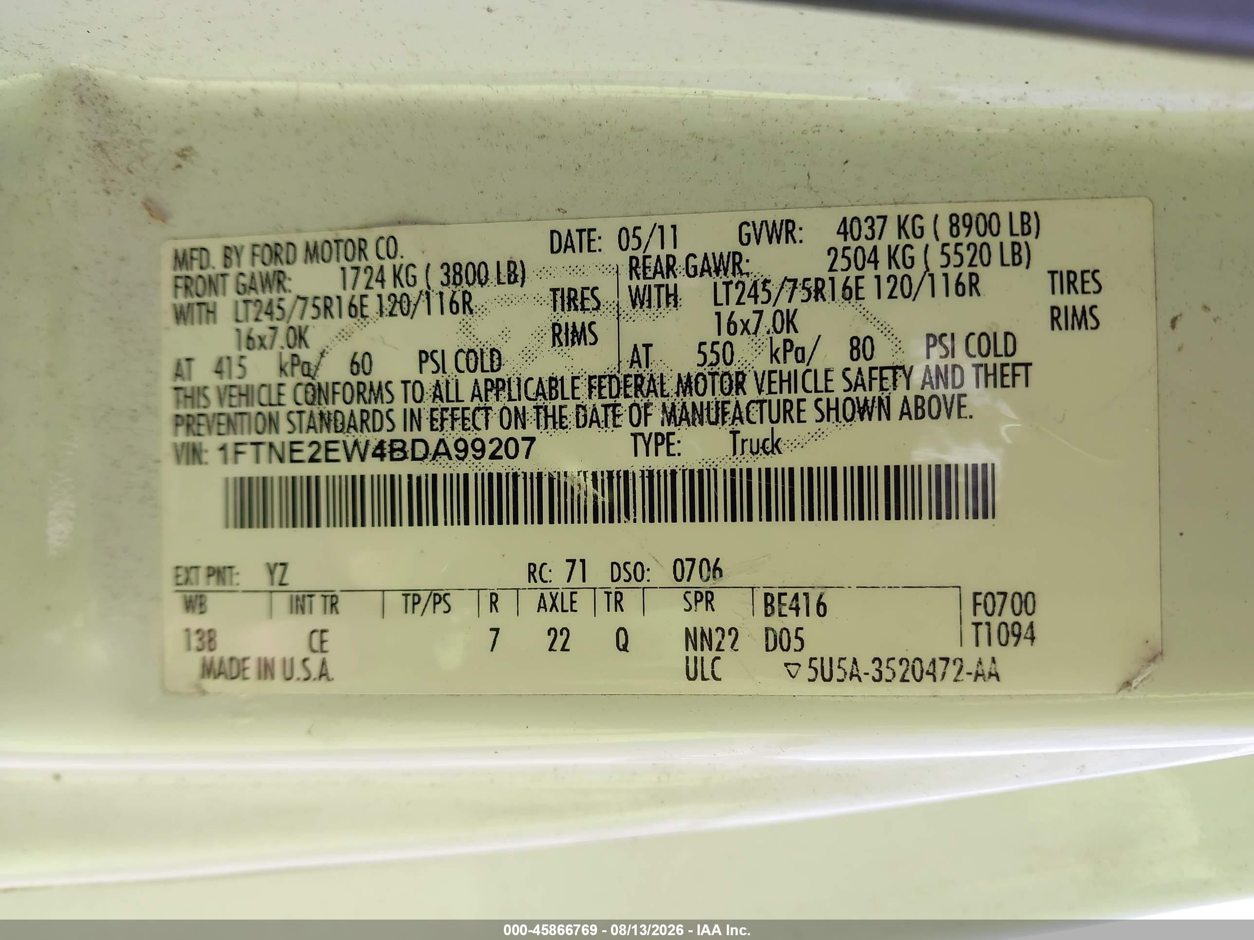2011 Ford E-250 Commercial White vin: 1FTNE2EW4BDA99207