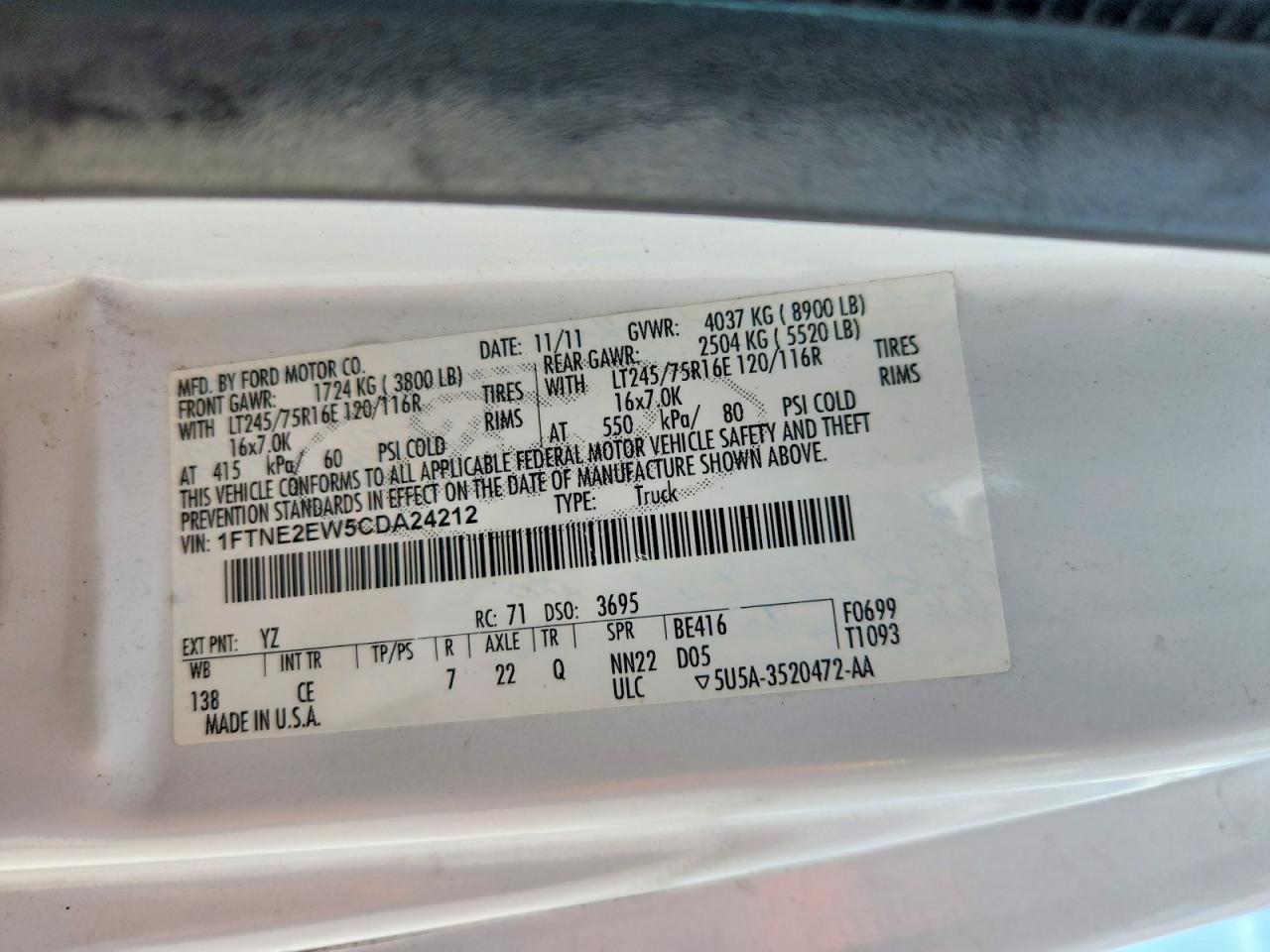 2012 Ford Econoline E250 Van White vin: 1FTNE2EW5CDA24212