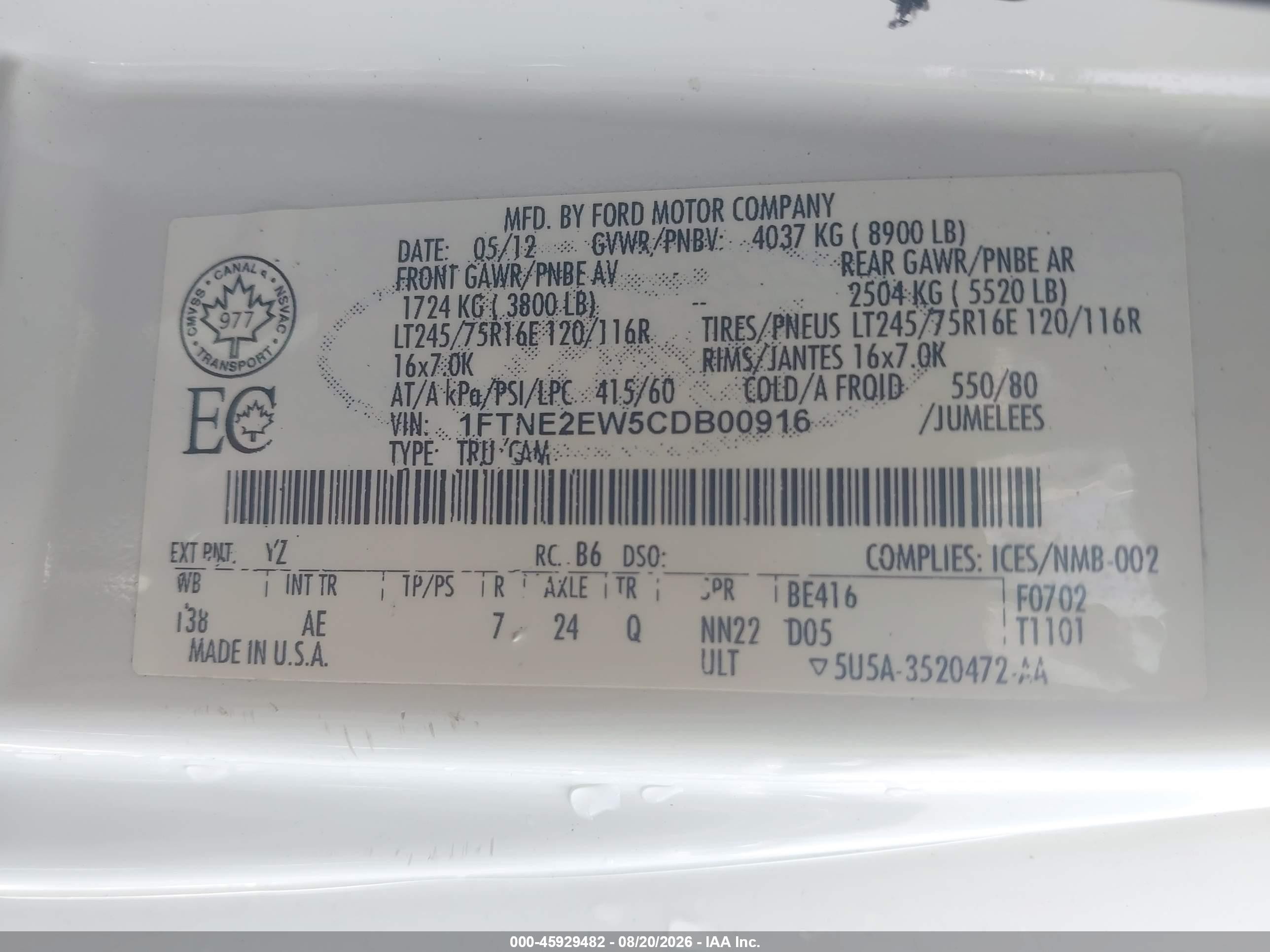 2012 Ford E-250 Commercial White vin: 1FTNE2EW5CDB00916