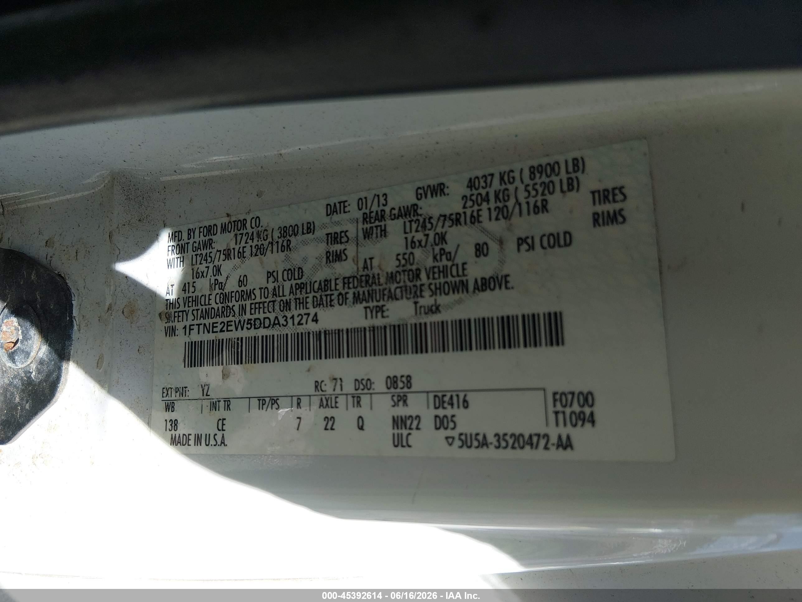2013 Ford E-250 Commercial White vin: 1FTNE2EW5DDA31274