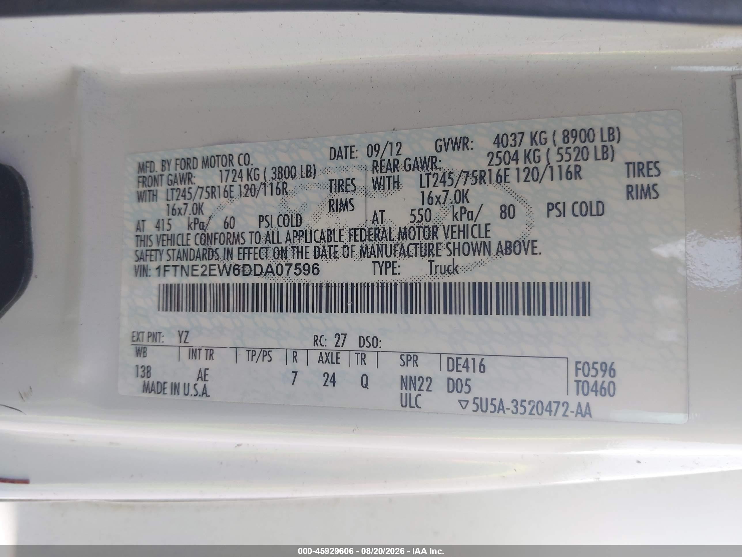 2013 Ford Econoline E250 Van White vin: 1FTNE2EW6DDA07596