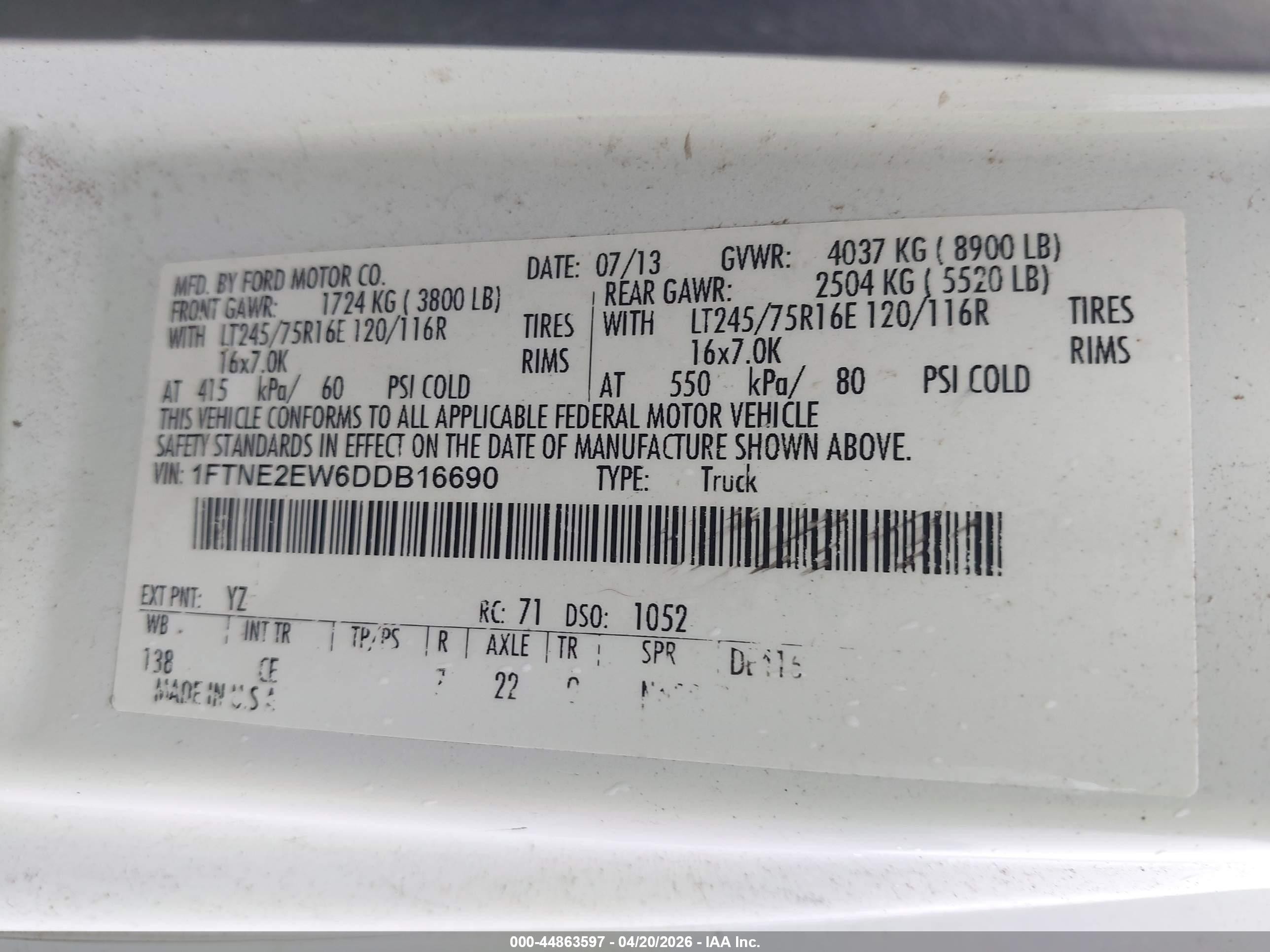 2013 Ford E-250 Commercial White vin: 1FTNE2EW6DDB16690