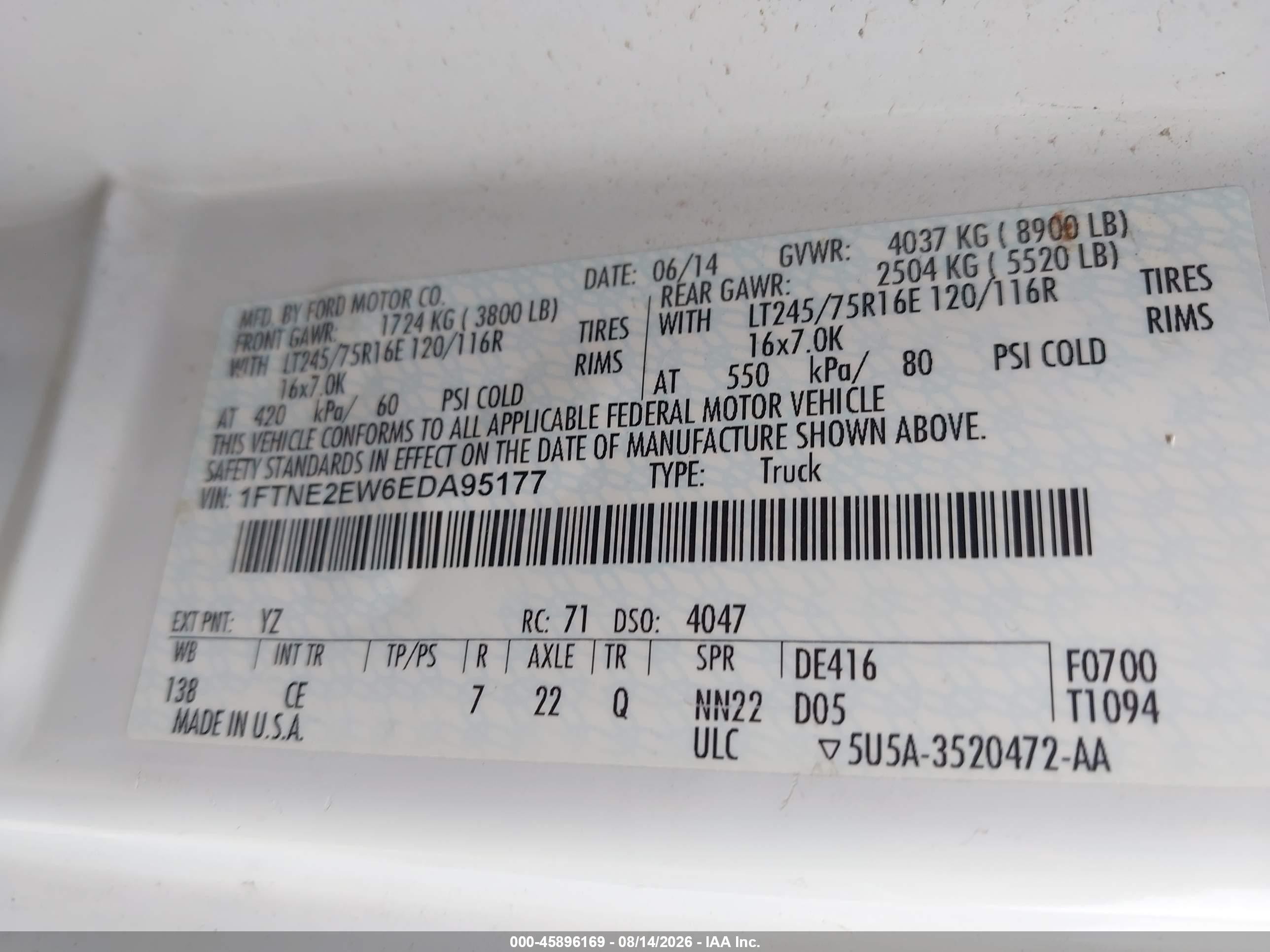 2014 Ford E-250 Commercial White vin: 1FTNE2EW6EDA95177
