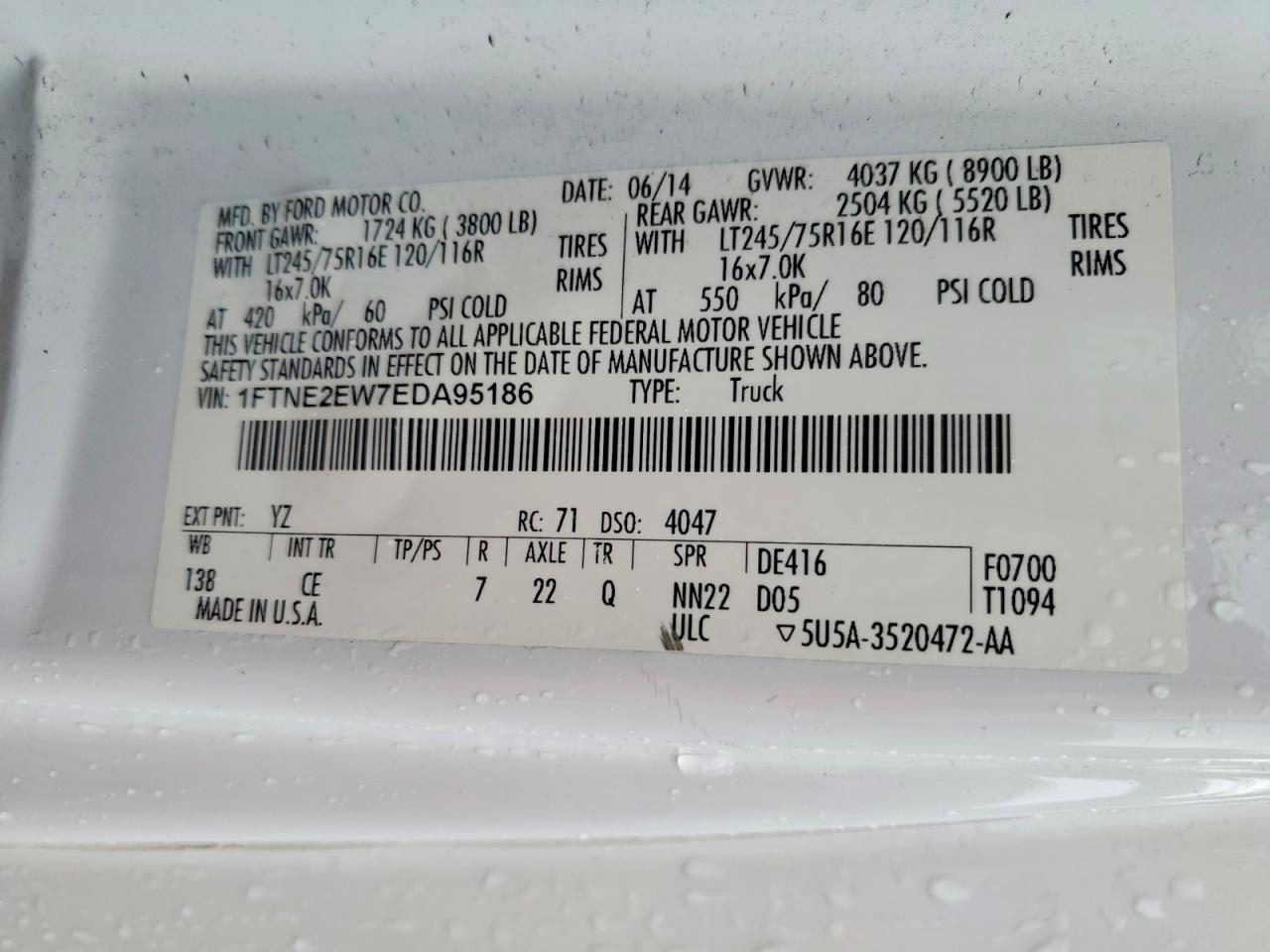 2014 Ford Econoline E250 Van White vin: 1FTNE2EW7EDA95186
