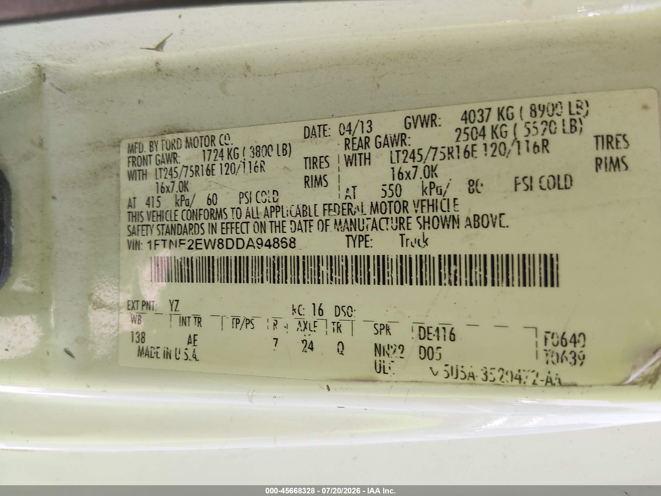 2013 Ford E-250 Commercial White vin: 1FTNE2EW8DDA94868