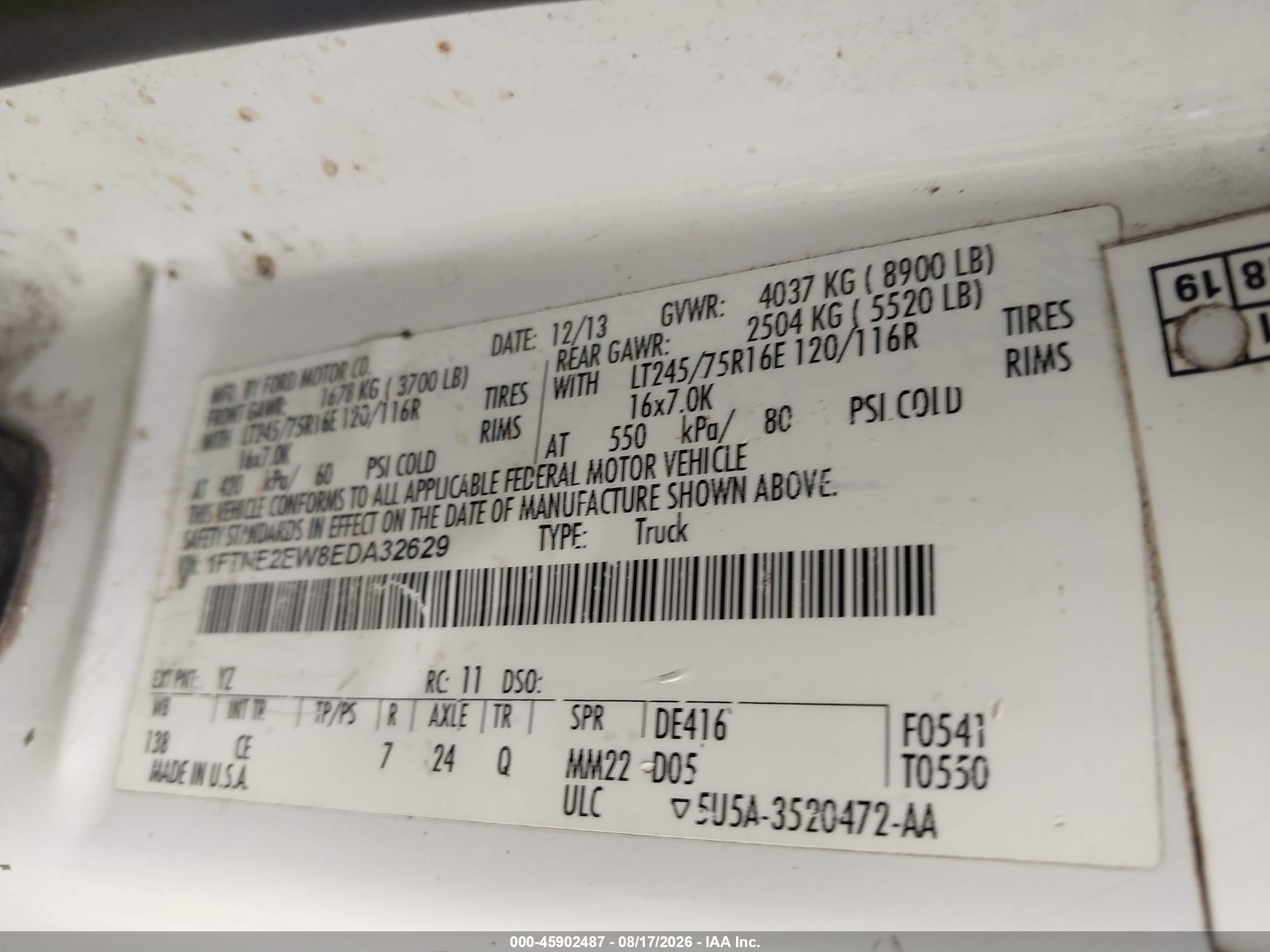 2014 Ford E-250 Commercial White vin: 1FTNE2EW8EDA32629
