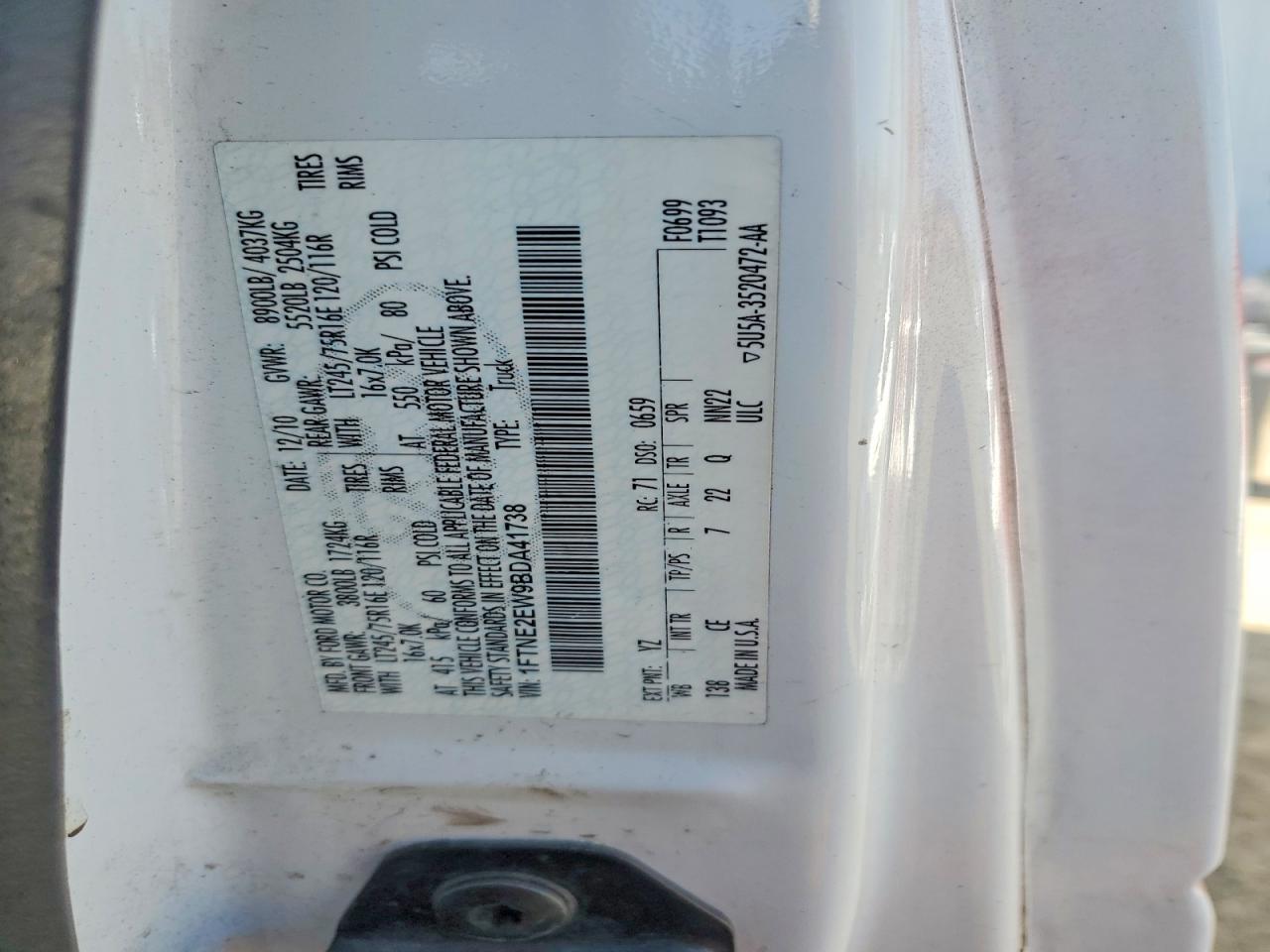 2011 Ford Econoline E250 Van White vin: 1FTNE2EW9BDA41738