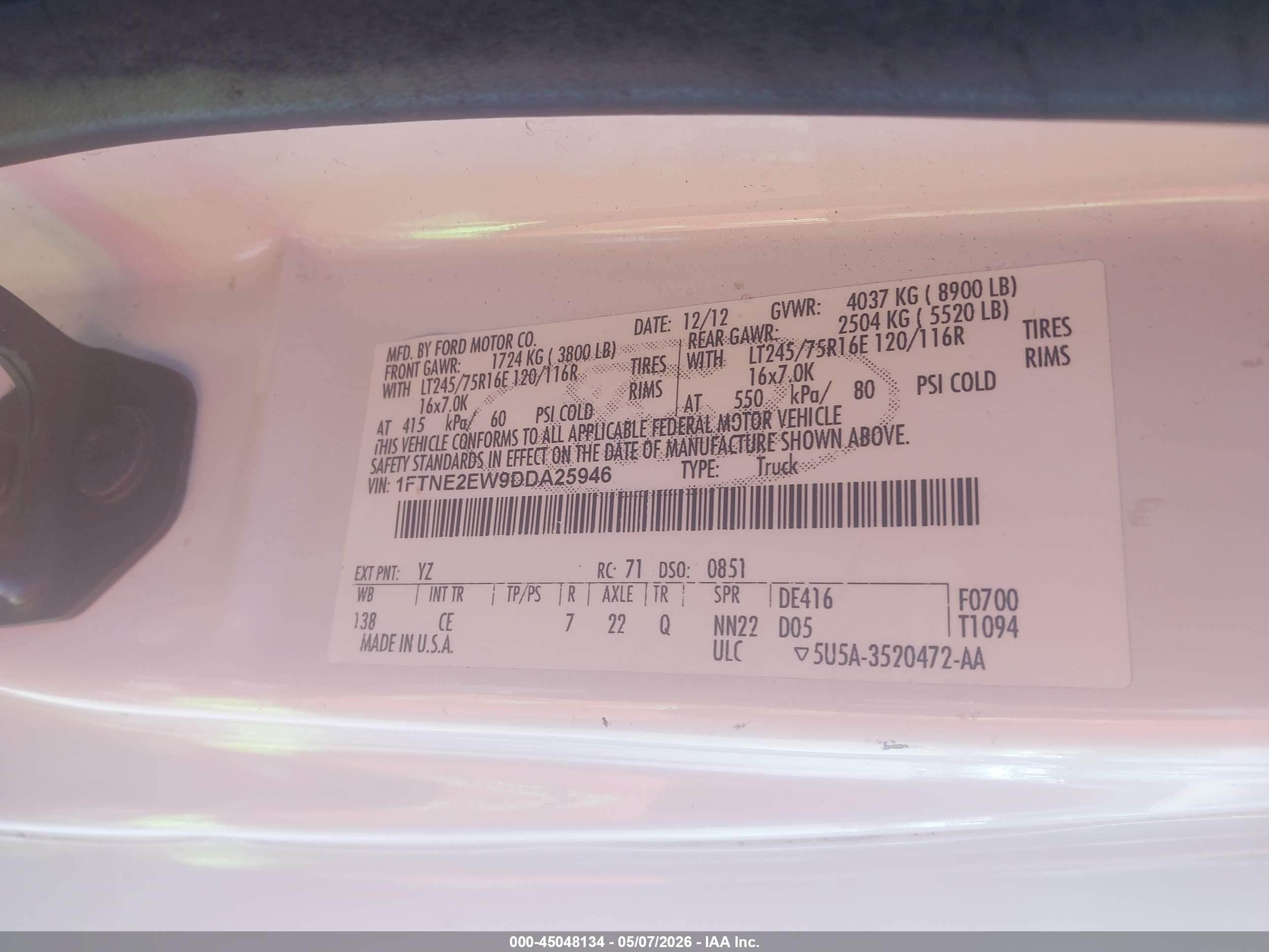 2013 Ford E-250 Commercial White vin: 1FTNE2EW9DDA25946