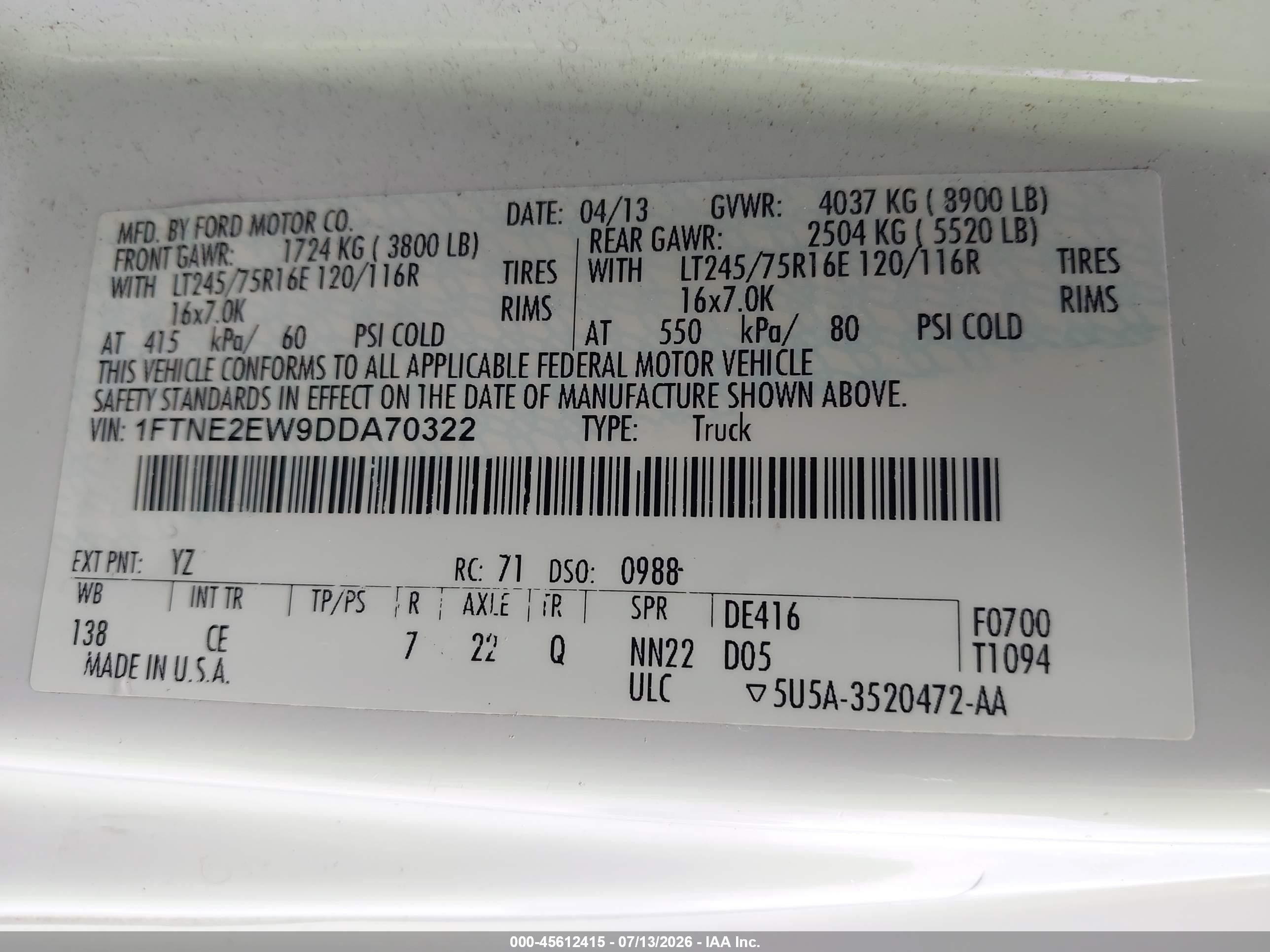 2013 Ford E-250 Commercial White vin: 1FTNE2EW9DDA70322