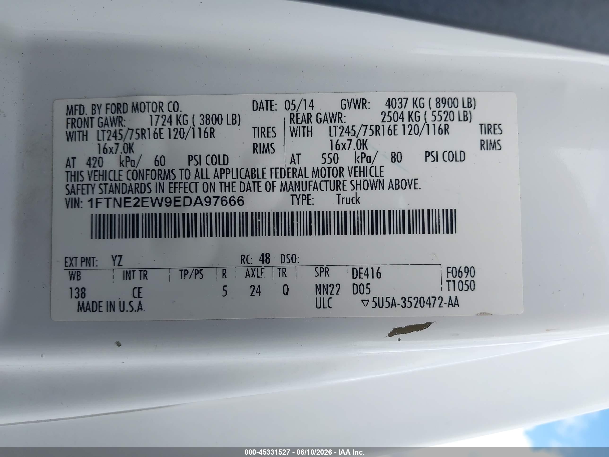 2014 Ford E-250 Commercial White vin: 1FTNE2EW9EDA97666